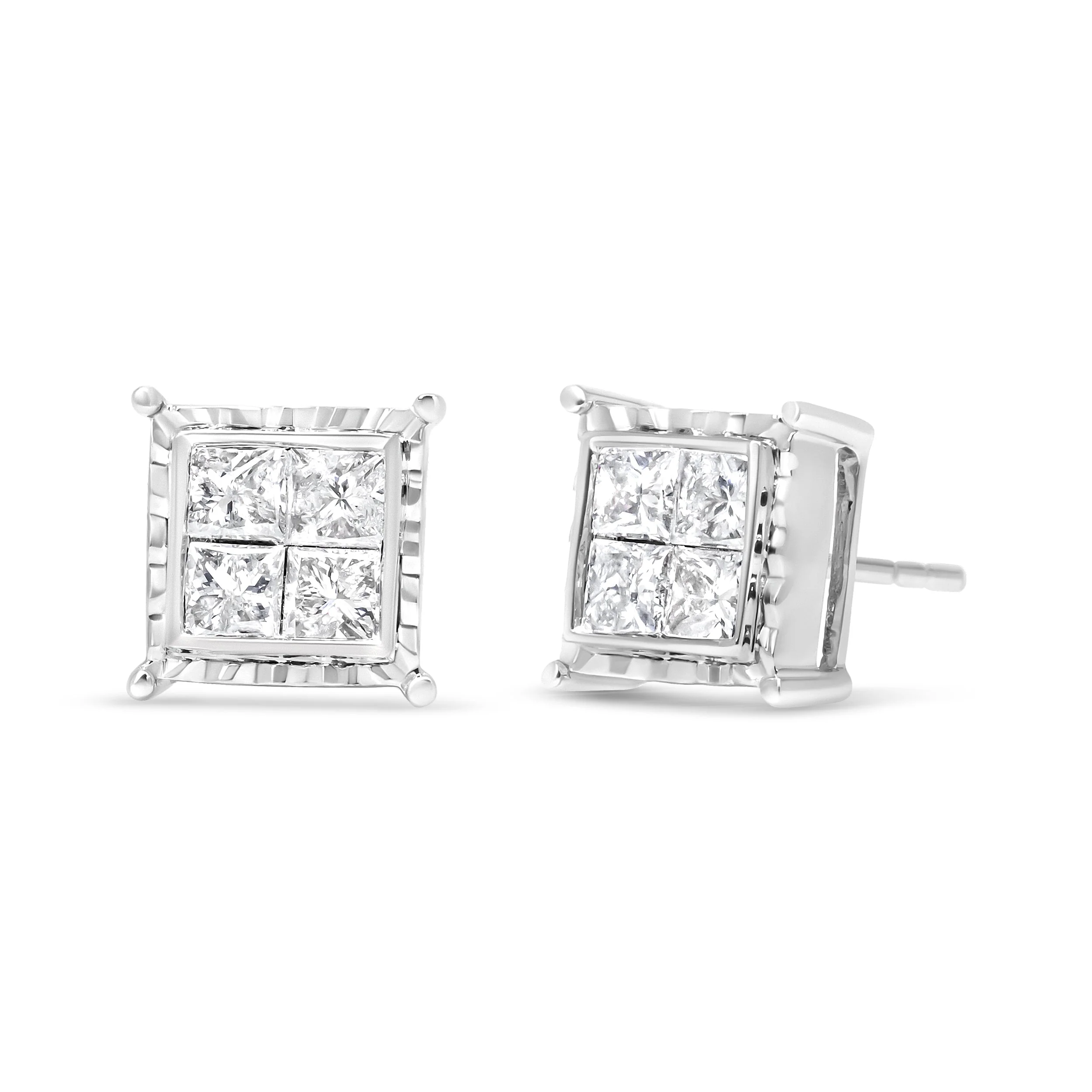 14K White Gold 1 1/2 Cttw Invisible Set Princess-Cut Diamond Contemporary Wavy Quad Stud Earrings (I-J Color, I1-I2 Clarity) - Image 5