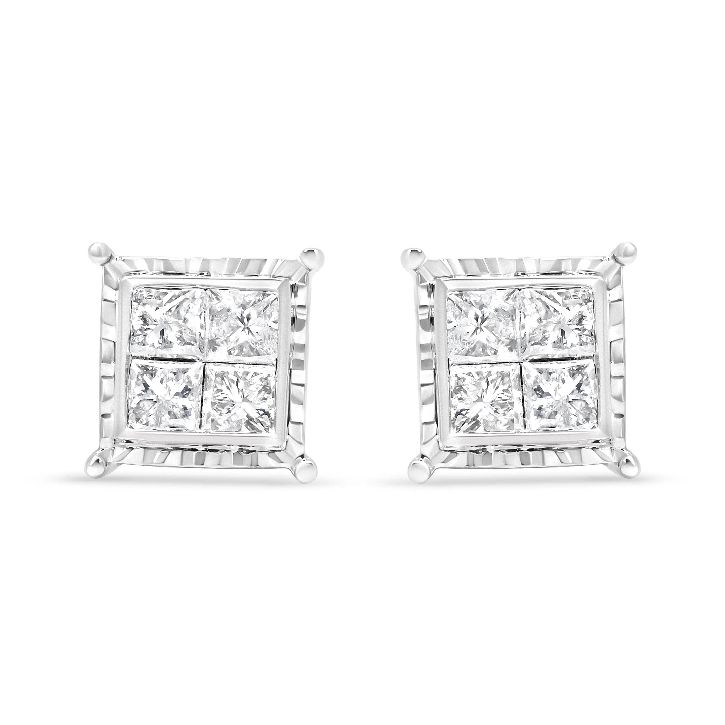 14K White Gold 1 1/2 Cttw Invisible Set Princess-Cut Diamond Contemporary Wavy Quad Stud Earrings (I-J Color, I1-I2 Clarity) - Image 6