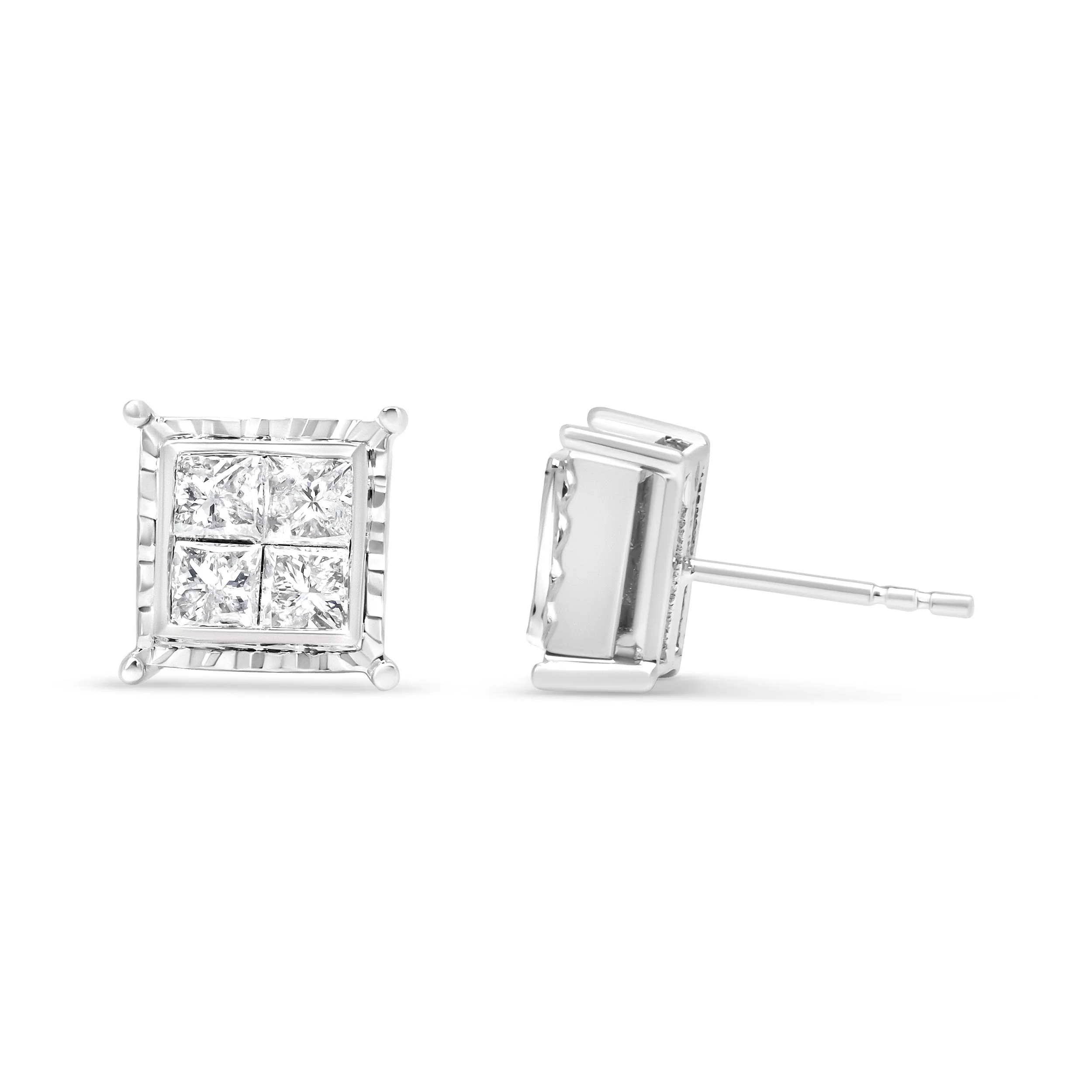 14K White Gold 1 1/2 Cttw Invisible Set Princess-Cut Diamond Contemporary Wavy Quad Stud Earrings (I-J Color, I1-I2 Clarity) - Image 7
