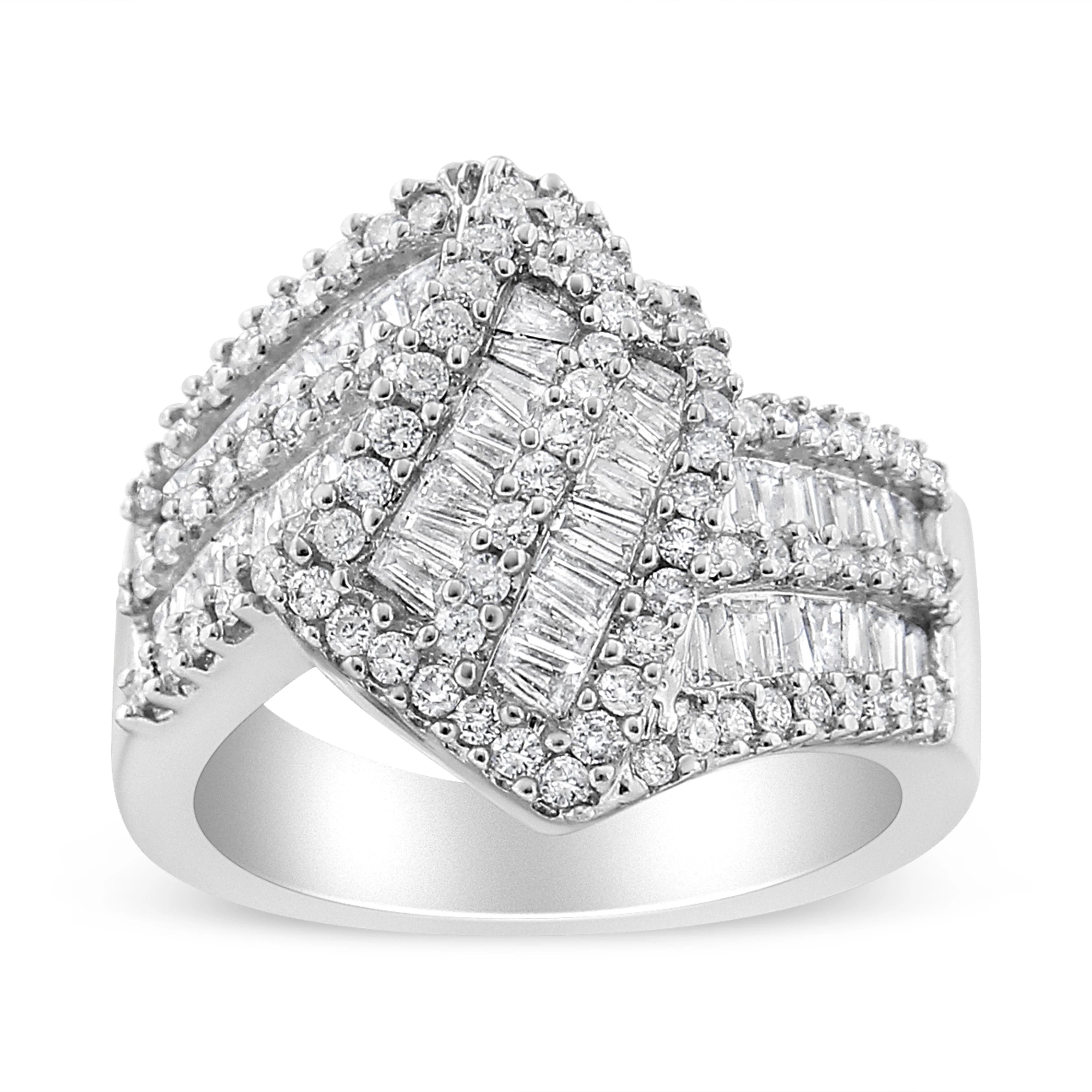 14K White Gold 1-1/2 Cttw Round and Baguette Diamond Bypass Cocktail Ring Band (H-I Color, SI1-SI2 Clarity) - Size 7 - Image 2