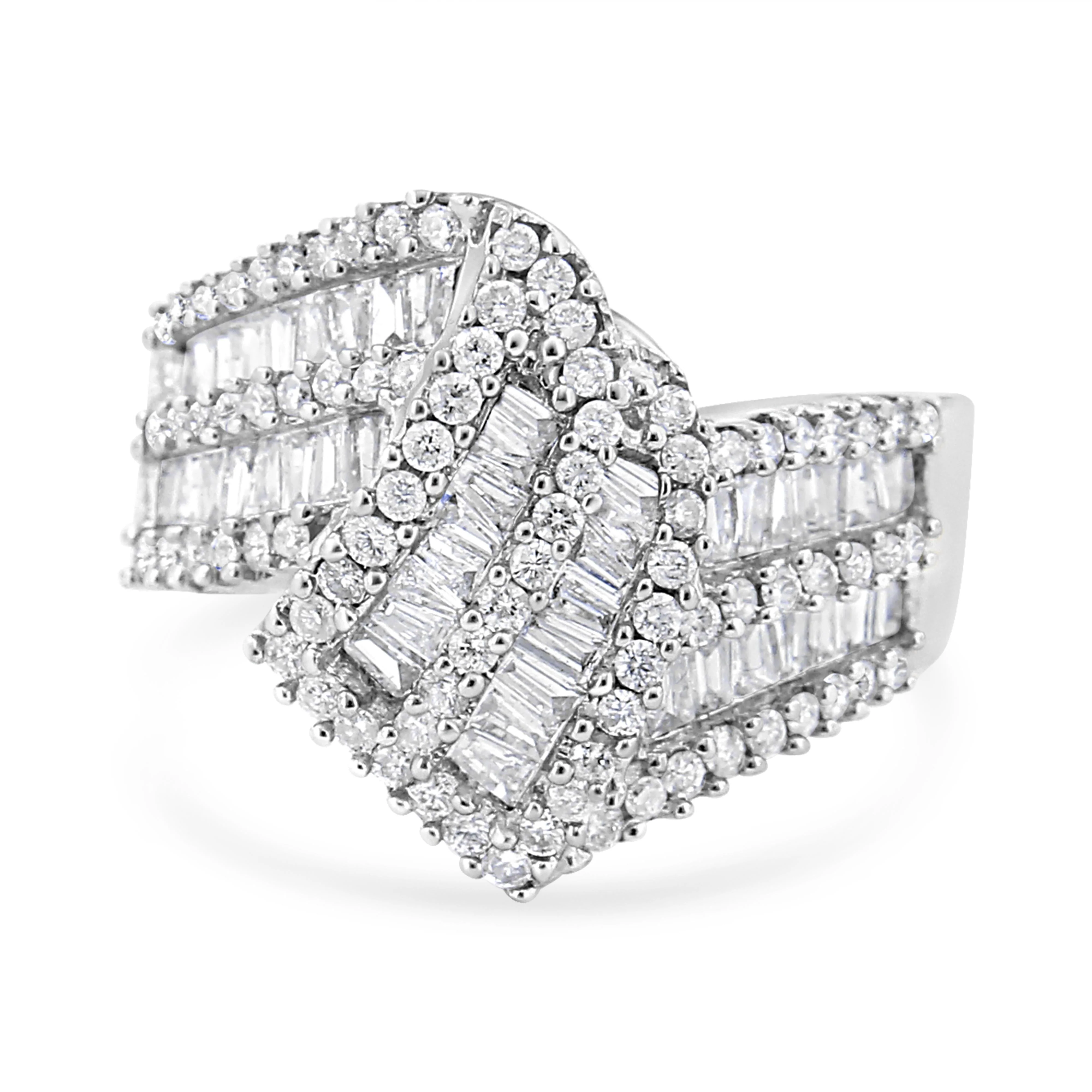 14K White Gold 1-1/2 Cttw Round and Baguette Diamond Bypass Cocktail Ring Band (H-I Color, SI1-SI2 Clarity) - Size 7 - Image 3