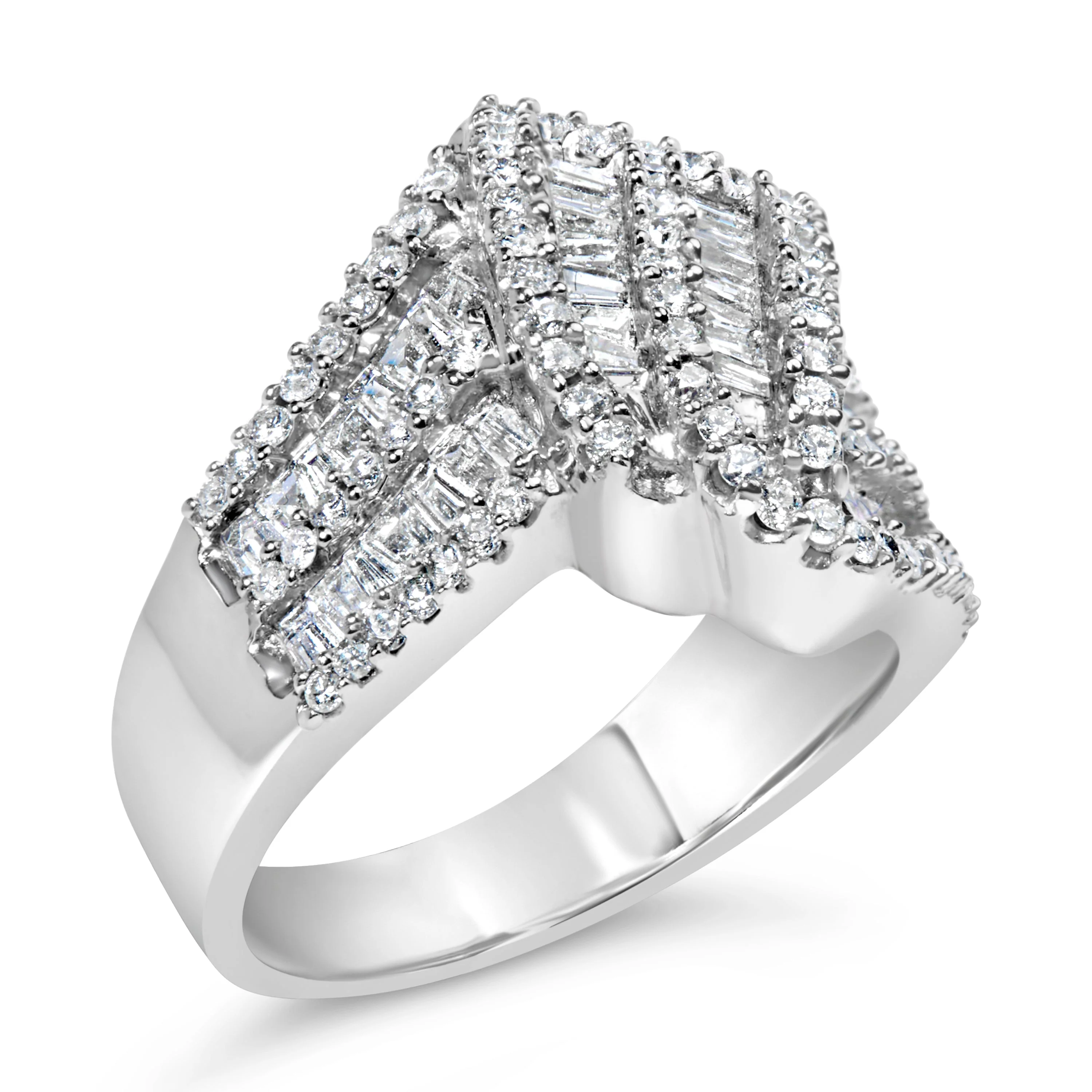 14K White Gold 1-1/2 Cttw Round and Baguette Diamond Bypass Cocktail Ring Band (H-I Color, SI1-SI2 Clarity) - Size 7 - Image 9