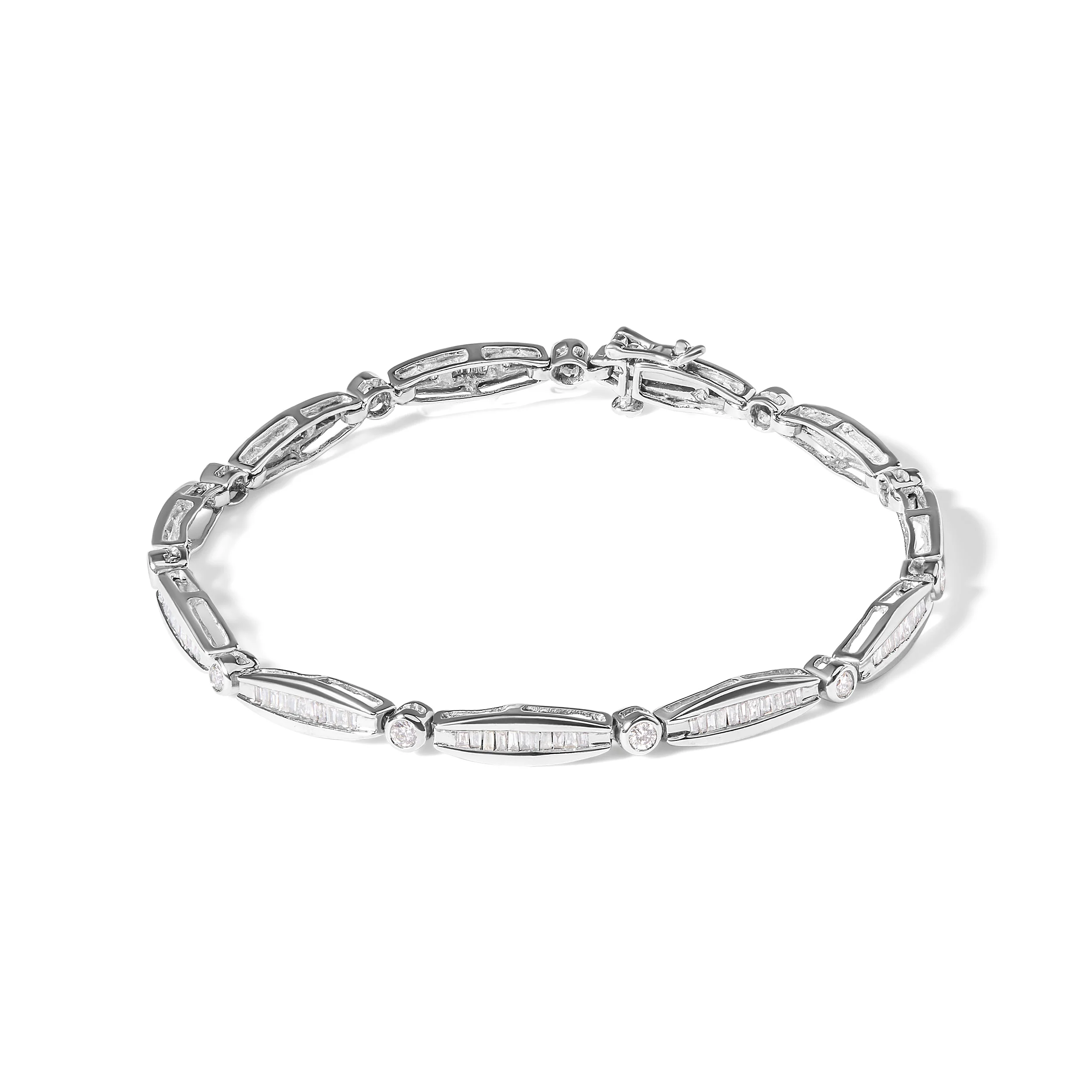 14K White Gold 1-1/2 Cttw Round Brilliant-Cut & Baguette Cut Diamond Bezel and Tapered Link 7" Tennis Bracelet (H-I Color, I1-I2 Clarity) - Image 12