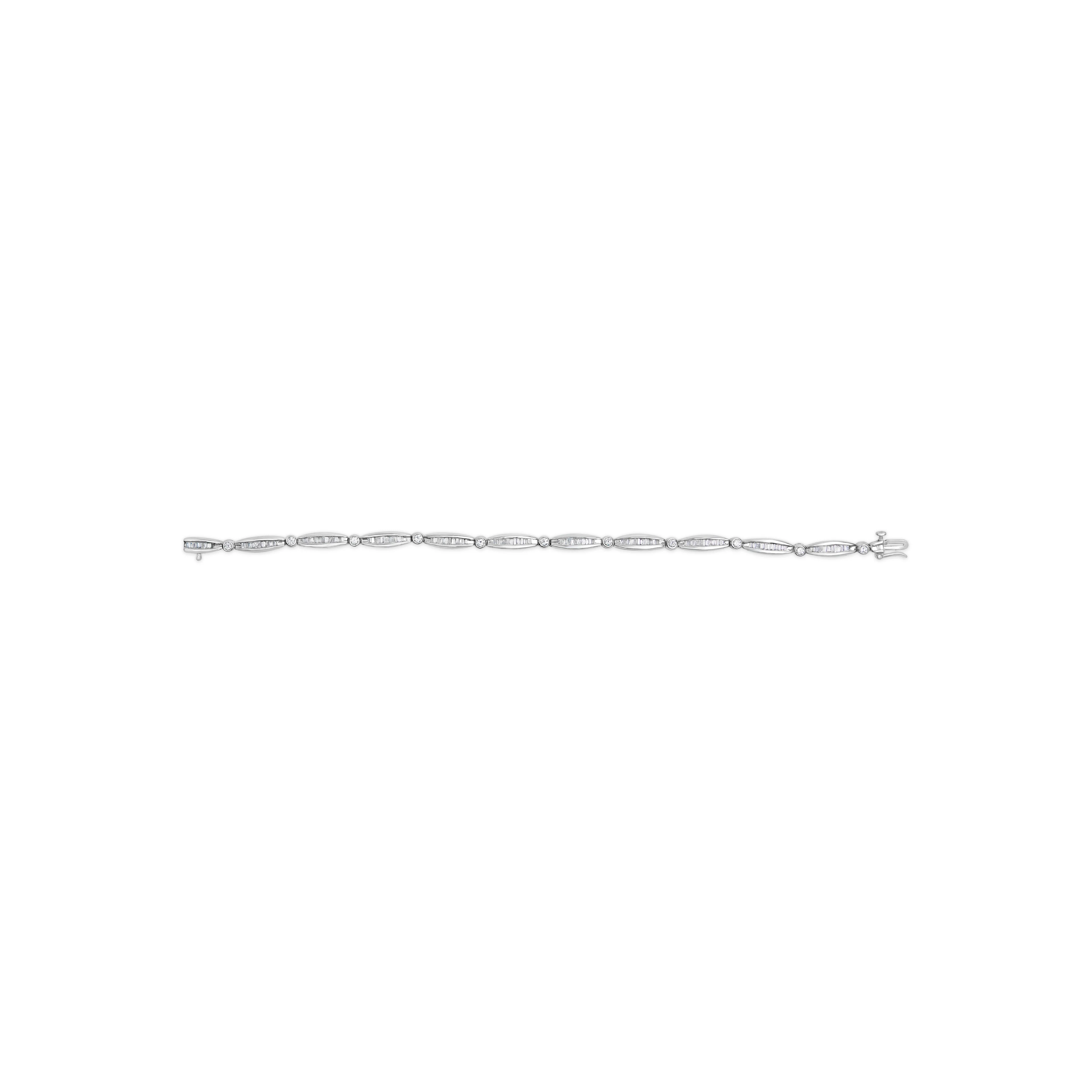 14K White Gold 1-1/2 Cttw Round Brilliant-Cut & Baguette Cut Diamond Bezel and Tapered Link 7" Tennis Bracelet (H-I Color, I1-I2 Clarity) - Image 4
