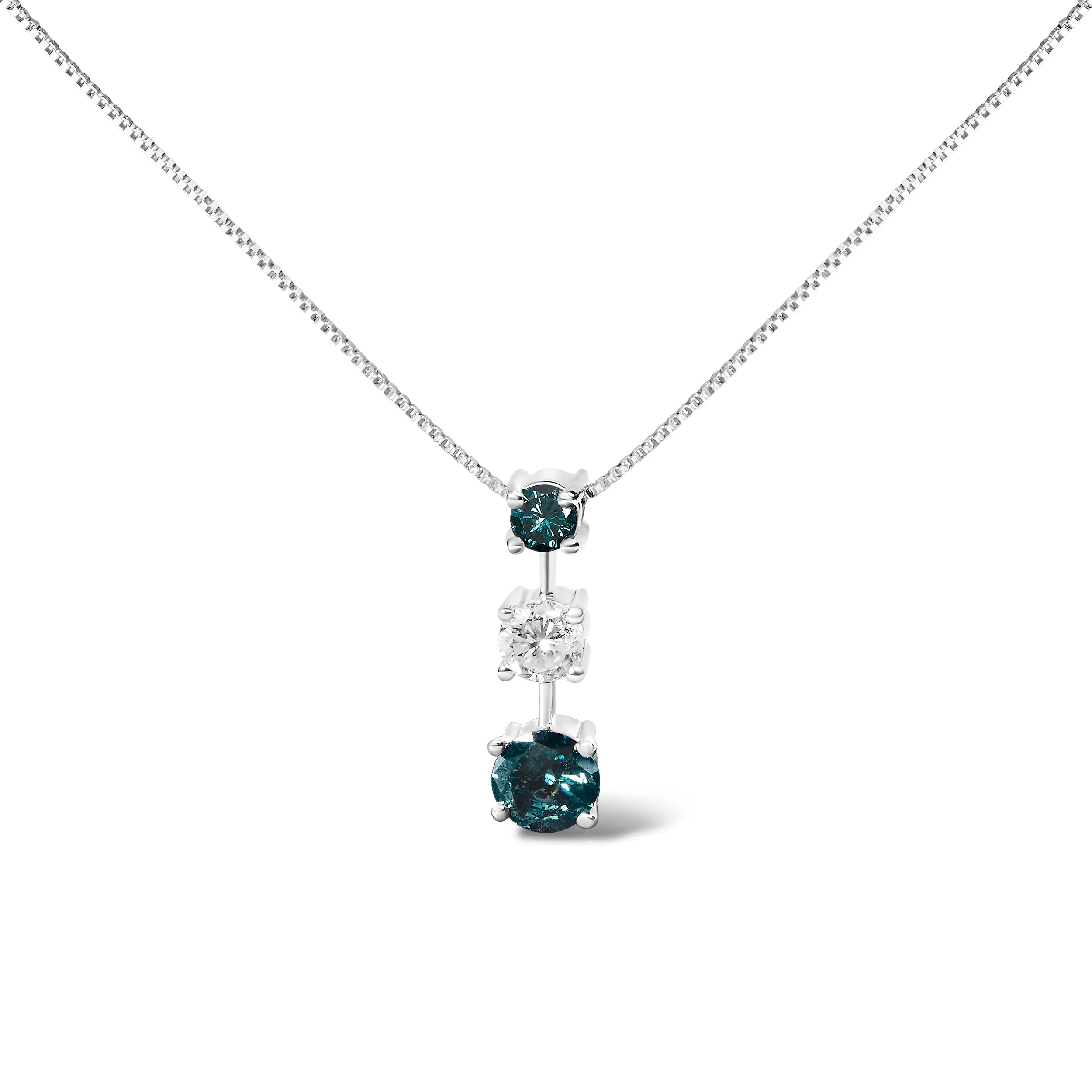 14K White Gold 1 1/2 Cttw Treated Blue and White Diamond 3-Stone 18" Pendant Necklace (Blue/H-I Color, I1-I2 Clarity) - Image 5
