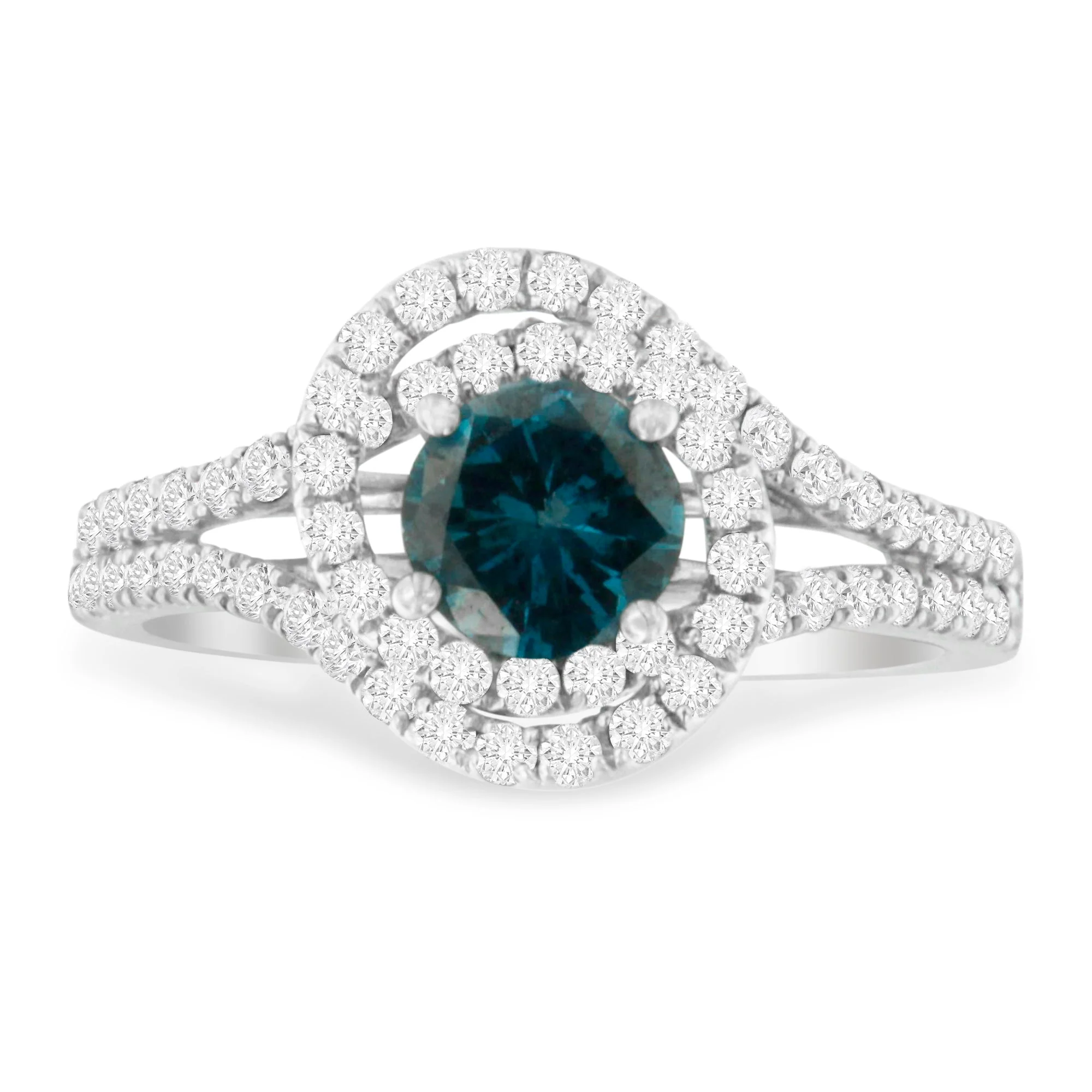 14K White Gold 1-1/3 Cttw White & Blue Diamond Interweaving Double Halo Cocktail Statement Ring (G-H and Fancy Blue Color, SI2-I1 Clarity) - Size 6 - Image 2
