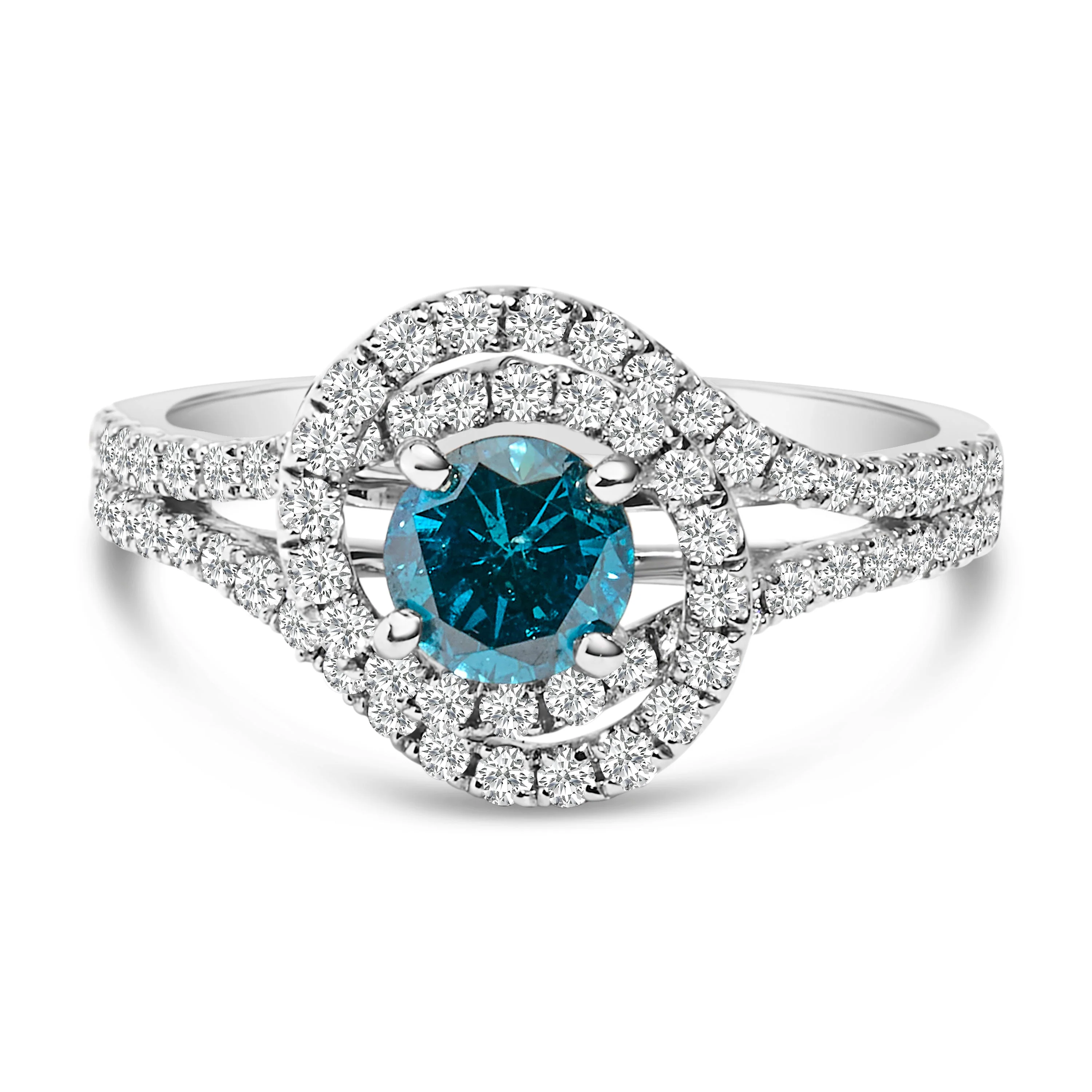 14K White Gold 1-1/3 Cttw White & Blue Diamond Interweaving Double Halo Cocktail Statement Ring (G-H and Fancy Blue Color, SI2-I1 Clarity) - Size 6 - Image 4