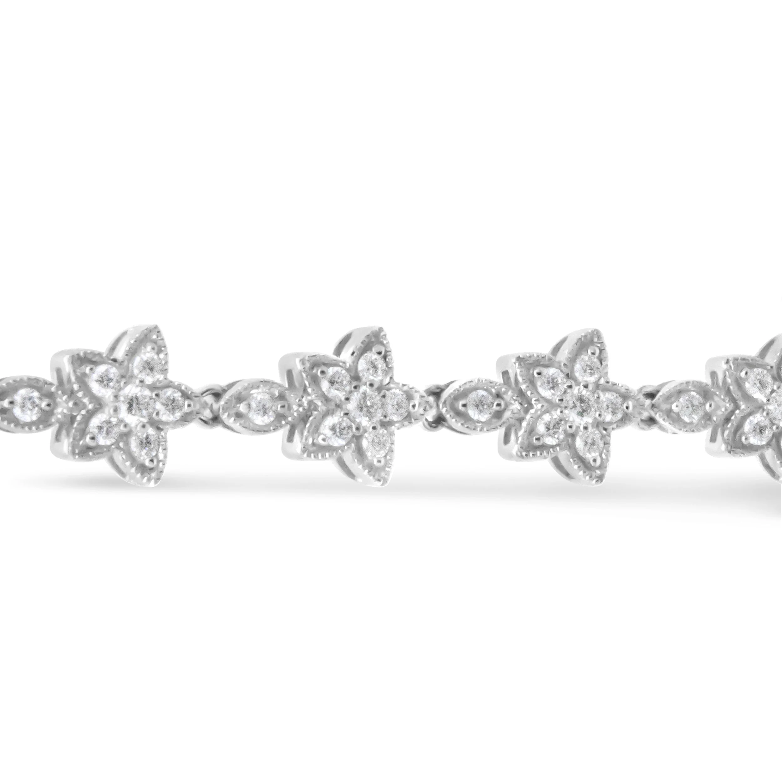14K White Gold 1 1/5 Cttw Round Diamond Flower Blossom Link Bracelet (H-I Color, SI1-SI2 Clarity) - Size 7" - Image 6