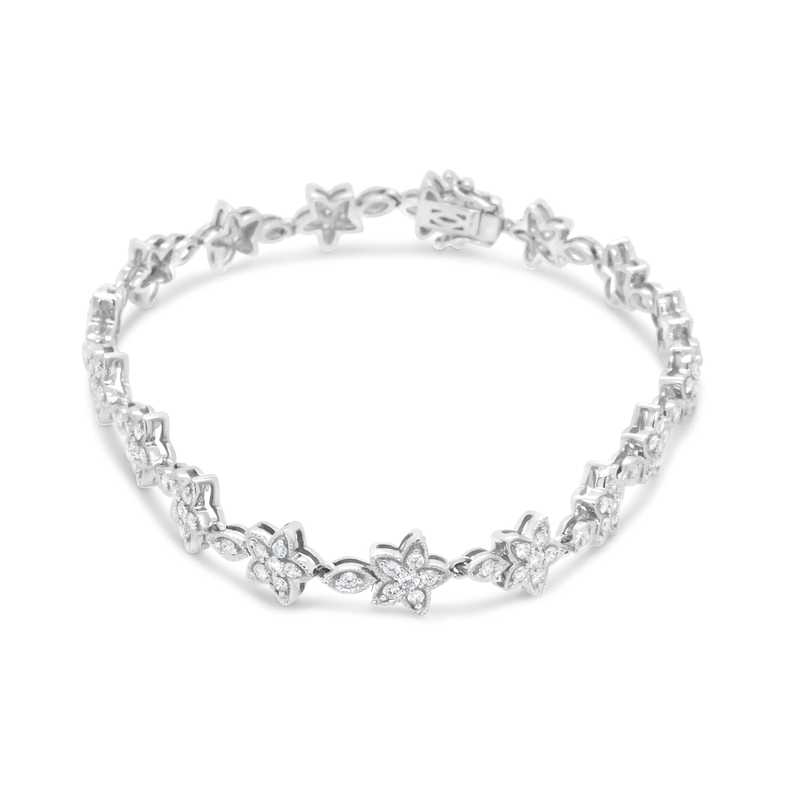 14K White Gold 1 1/5 Cttw Round Diamond Flower Blossom Link Bracelet (H-I Color, SI1-SI2 Clarity) - Size 7" - Image 9