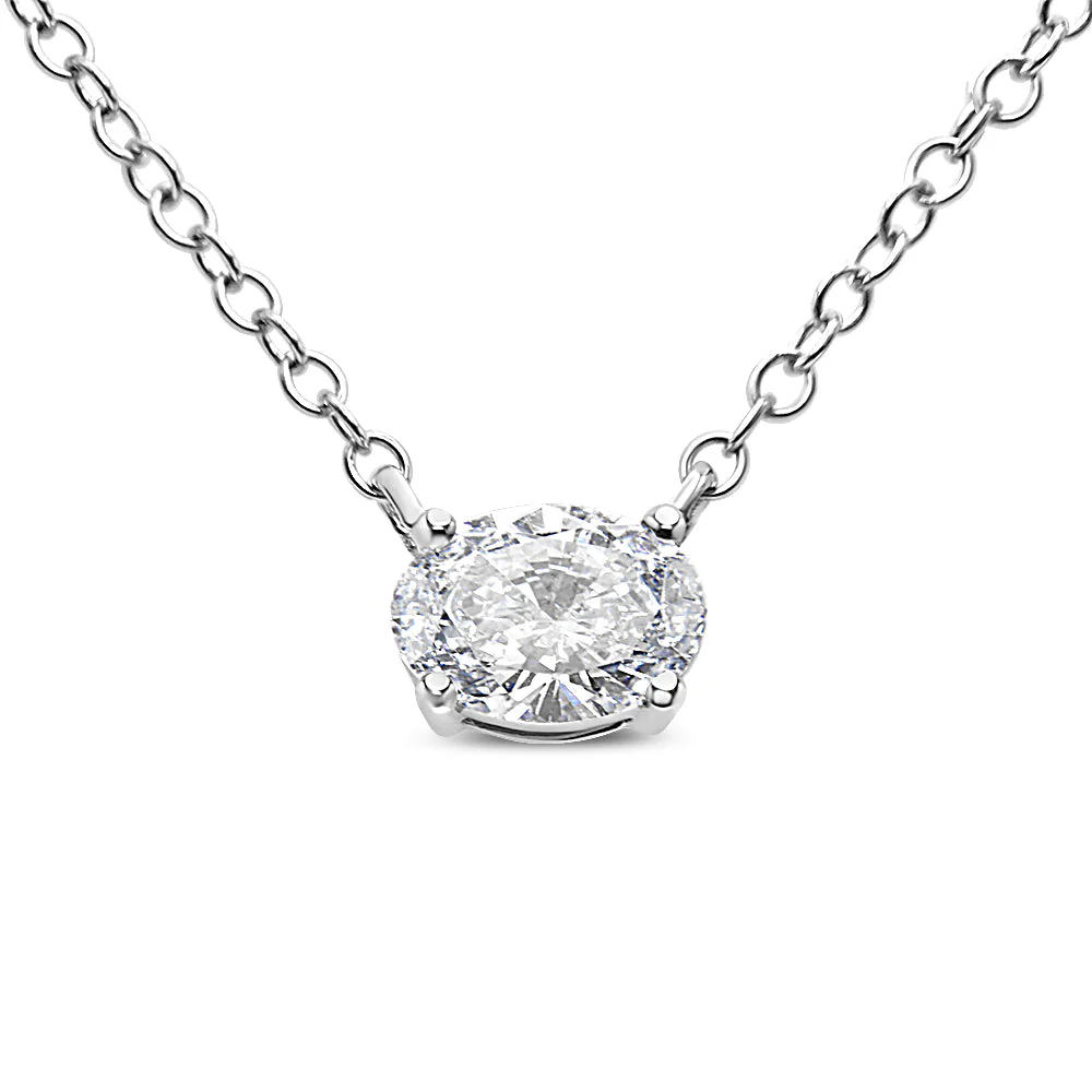 14K White Gold 1/2 Cttw Lab Grown Oval Shape Solitaire Diamond East West 18" Pendant Necklace (E-F Color, VS1-VS2 Clarity) - Image 5