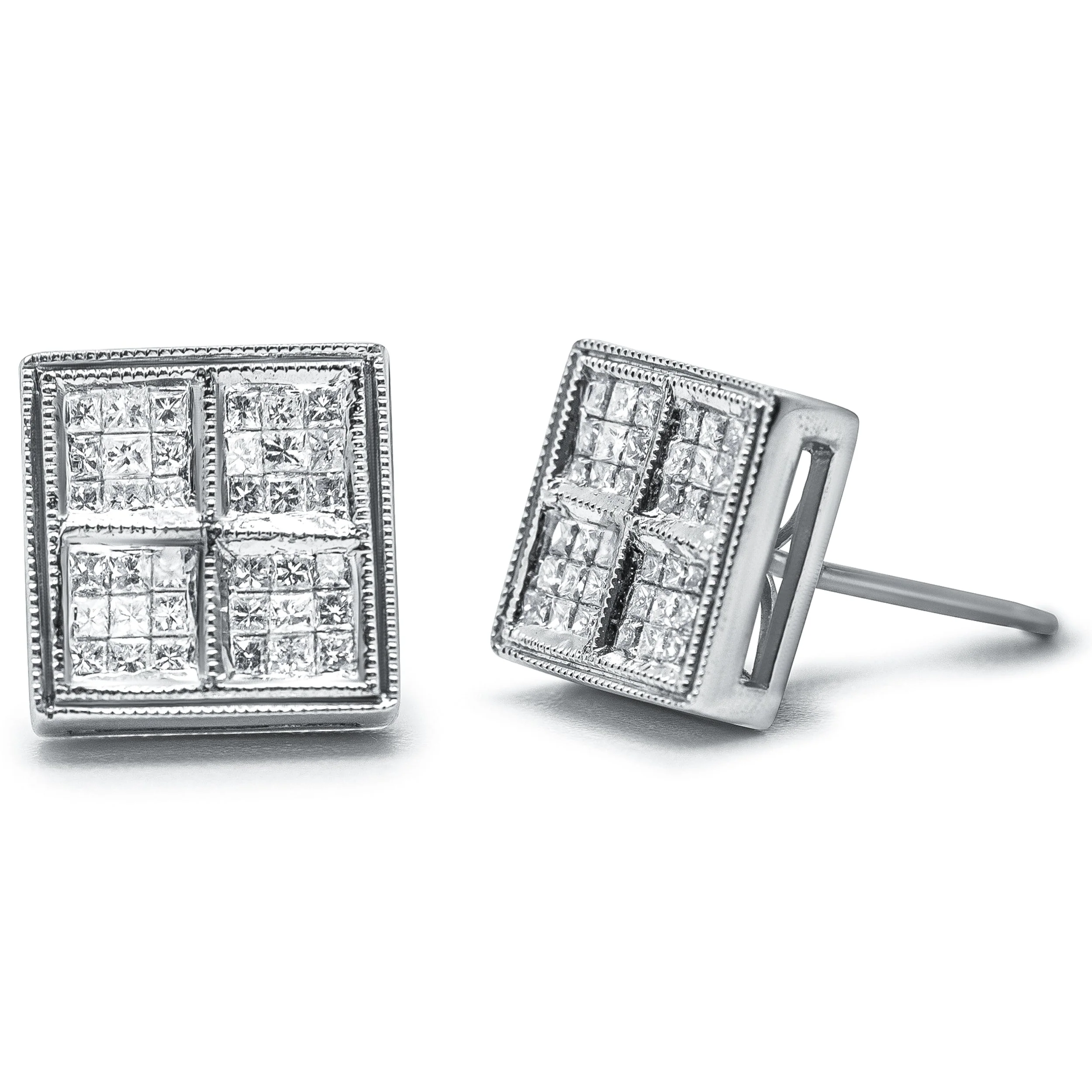 14K White Gold 1/2 Cttw Princess Diamond Composite Box Shape Milgrain Stud Earrings (H-I Color, SI1-SI2 Clarity) - Image 2