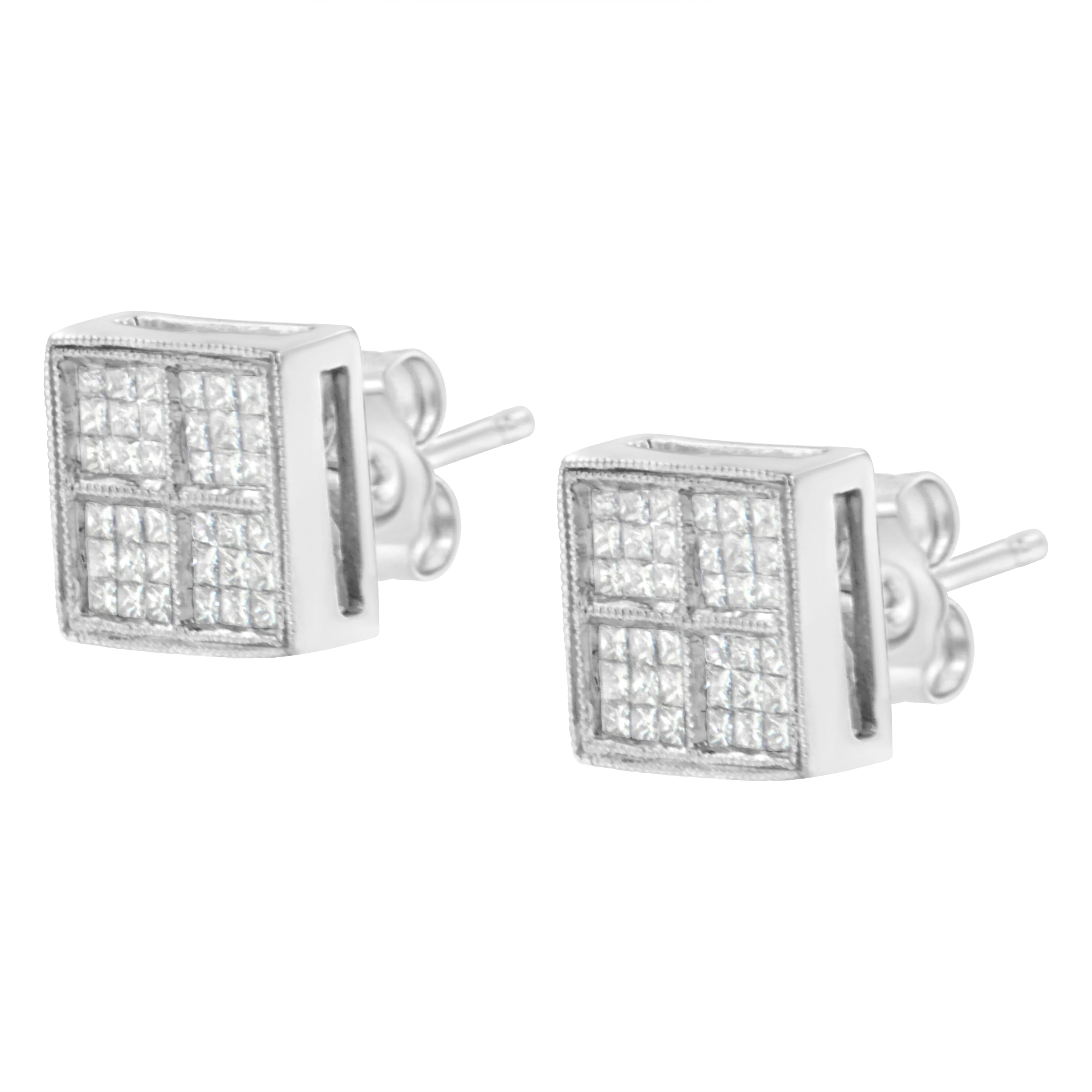14K White Gold 1/2 Cttw Princess Diamond Composite Box Shape Milgrain Stud Earrings (H-I Color, SI1-SI2 Clarity) - Image 5