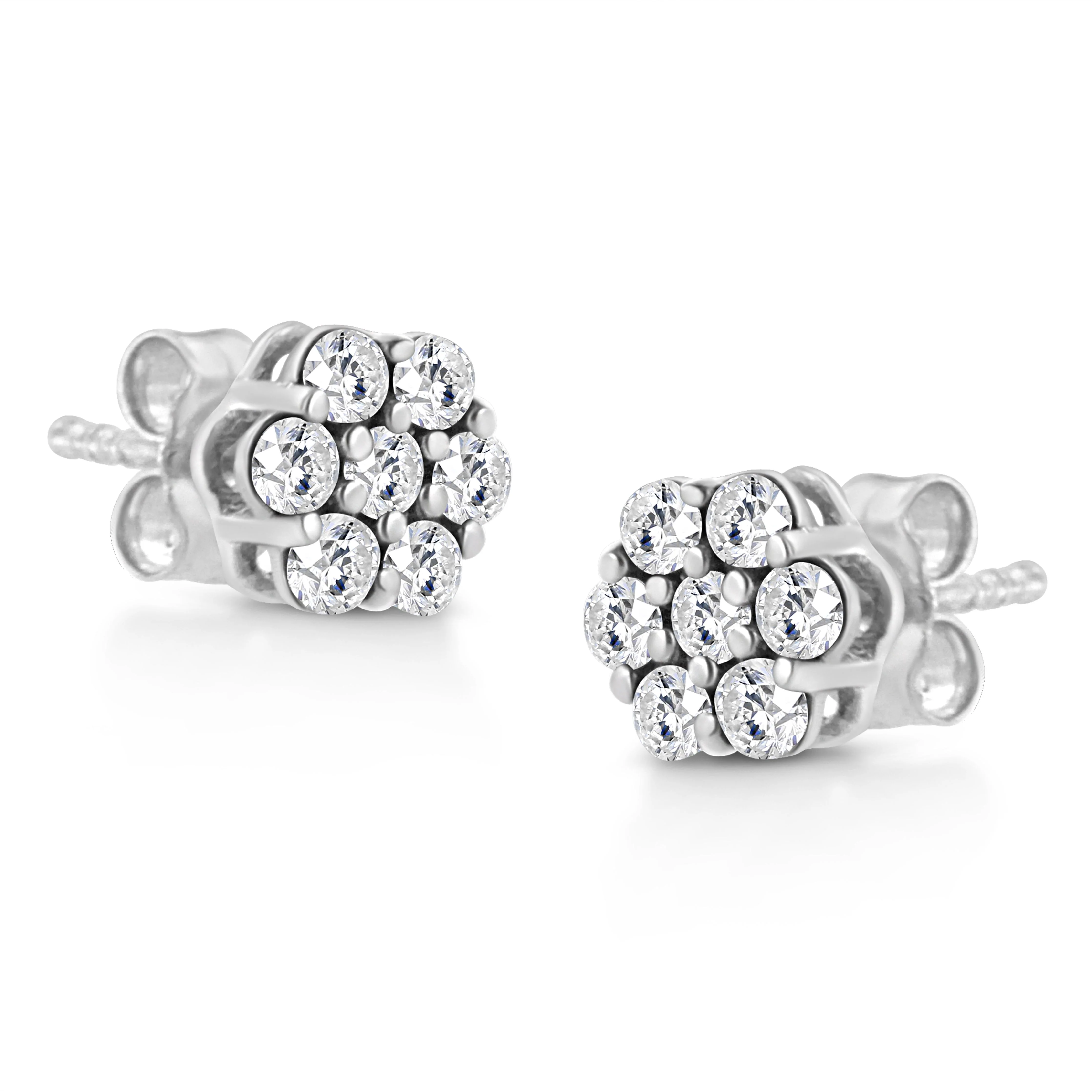 14K White Gold 1/2 Cttw Prong Set Round-Cut Diamond Flower Stud Earring (H-I Color, I1-I2 Clarity) - Image 6