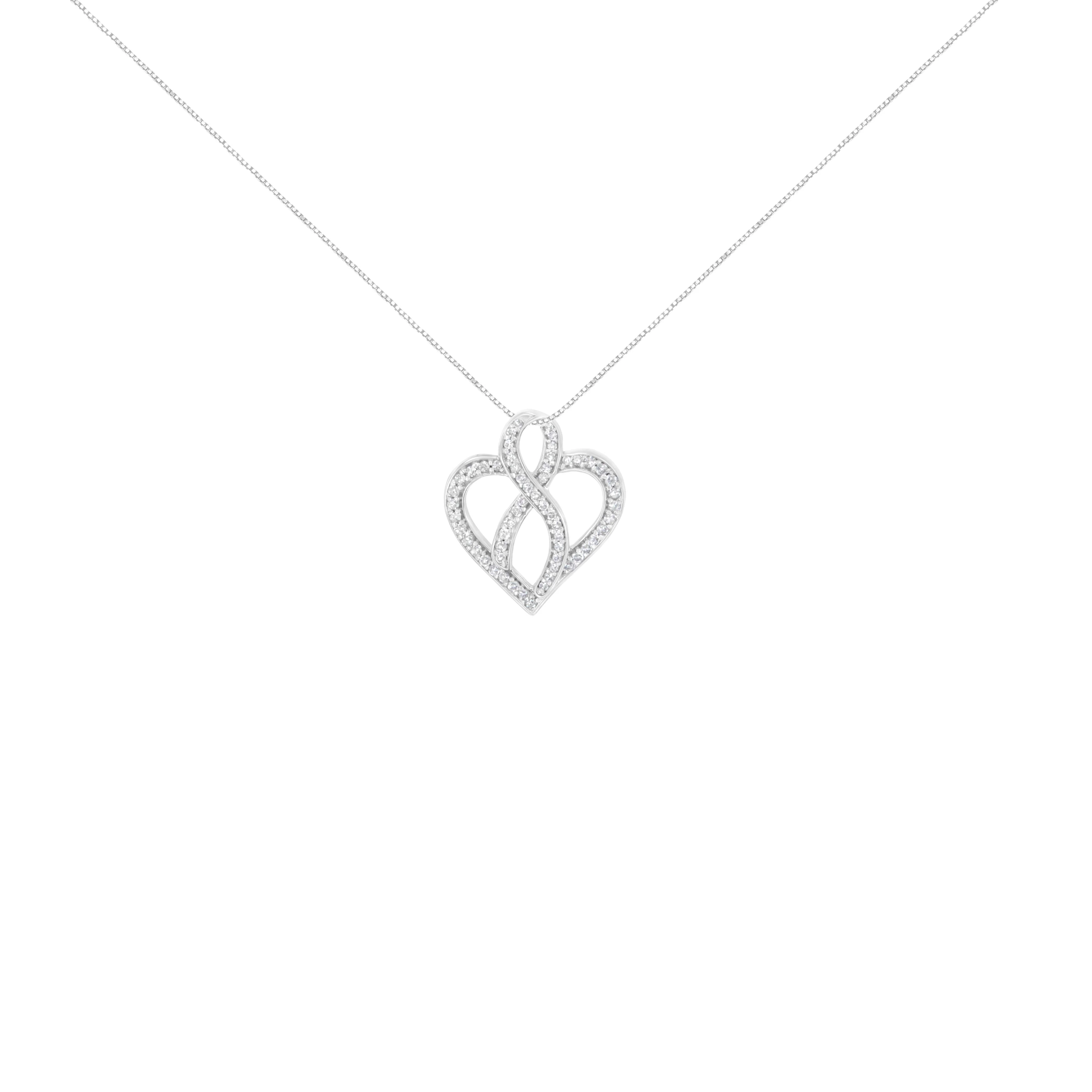 14K White Gold 1/4 cttw Round Cut Diamond Heart and Ribbon Center Pendant Necklace (H-I, I1-I2) - Image 2
