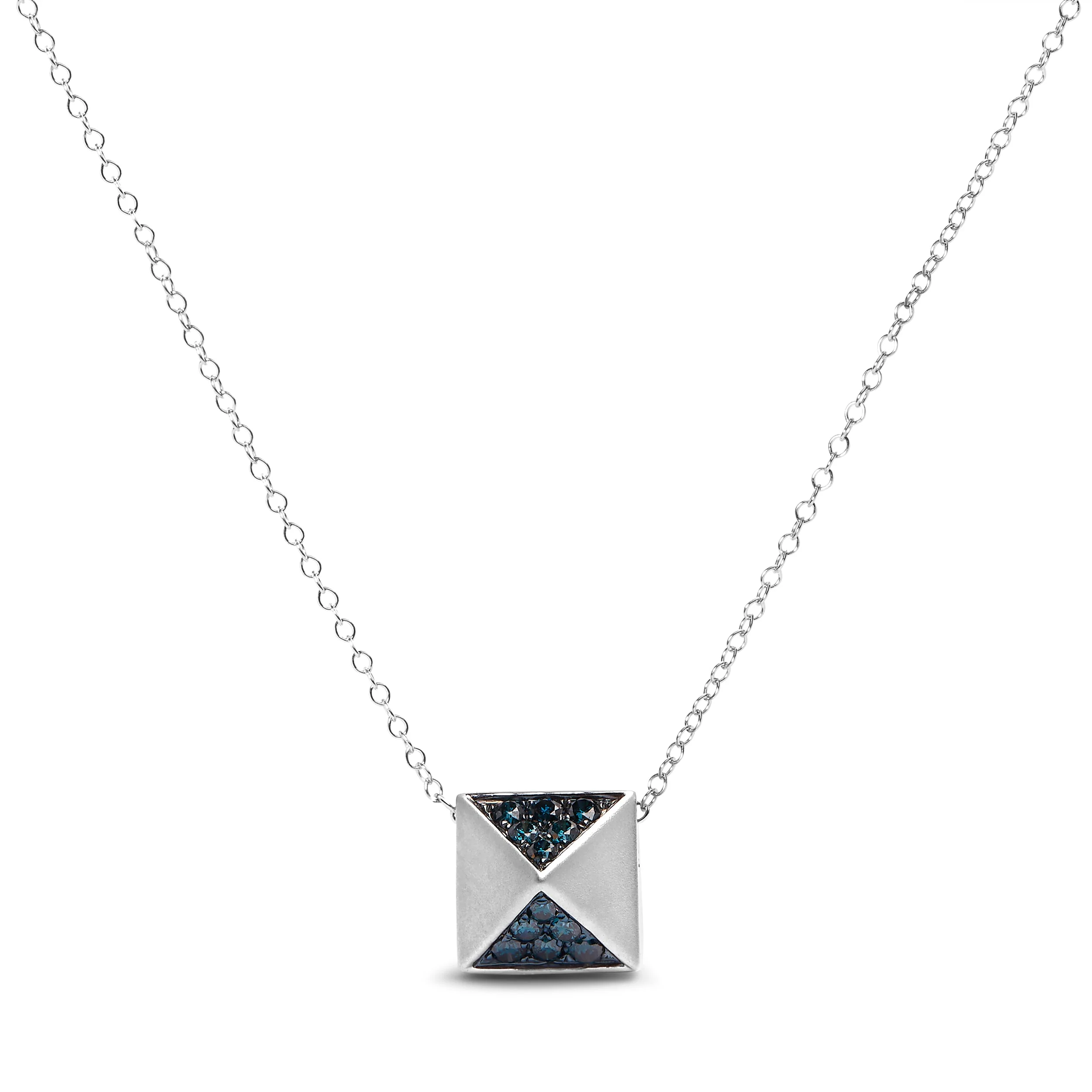 14K White Gold 1/4 Cttw Treated Blue Diamond Matte Finished Pyramid Pendant Necklace (Blue Color, SI1-SI2 Clarity) - 18" Inches - Image 4