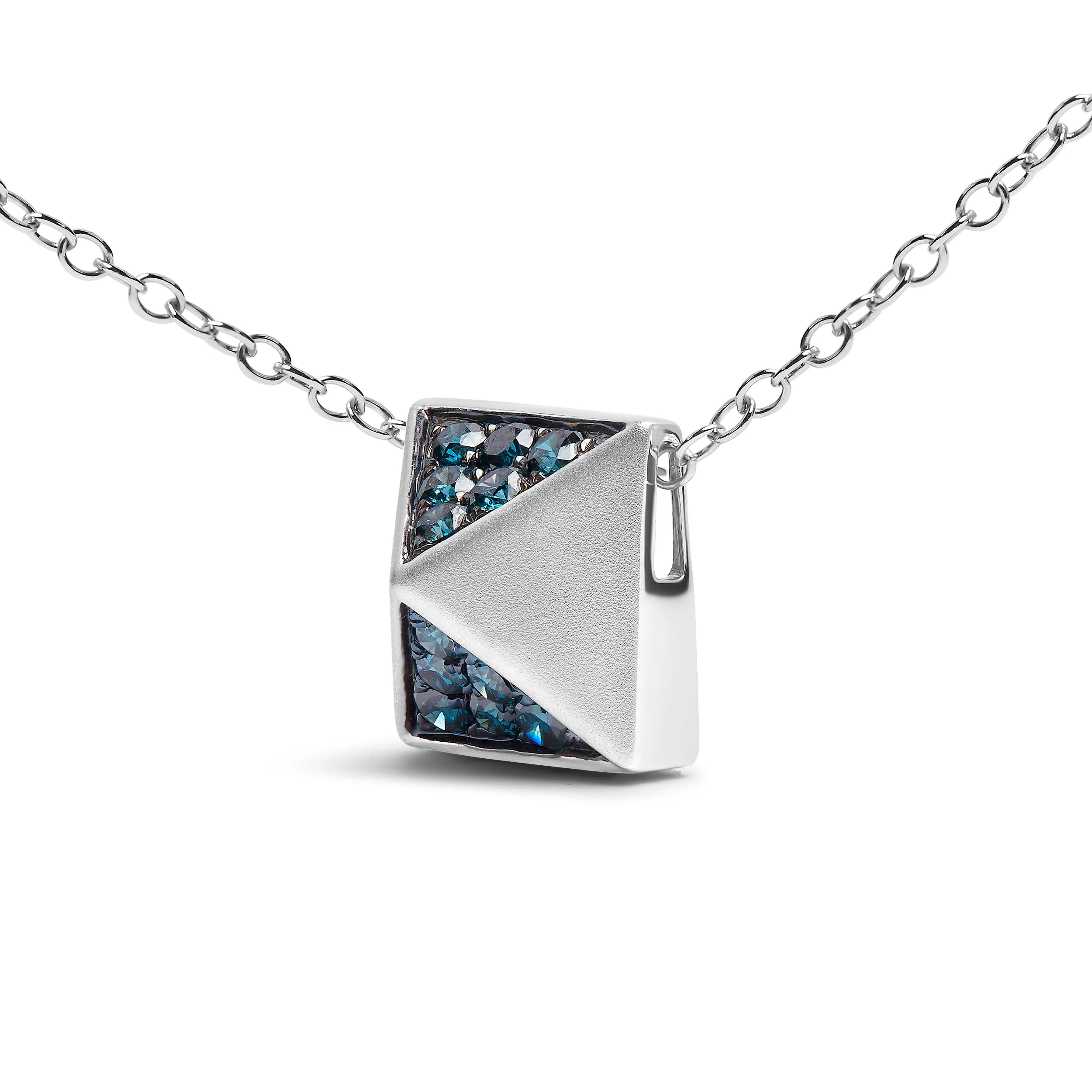 14K White Gold 1/4 Cttw Treated Blue Diamond Matte Finished Pyramid Pendant Necklace (Blue Color, SI1-SI2 Clarity) - 18" Inches - Image 6