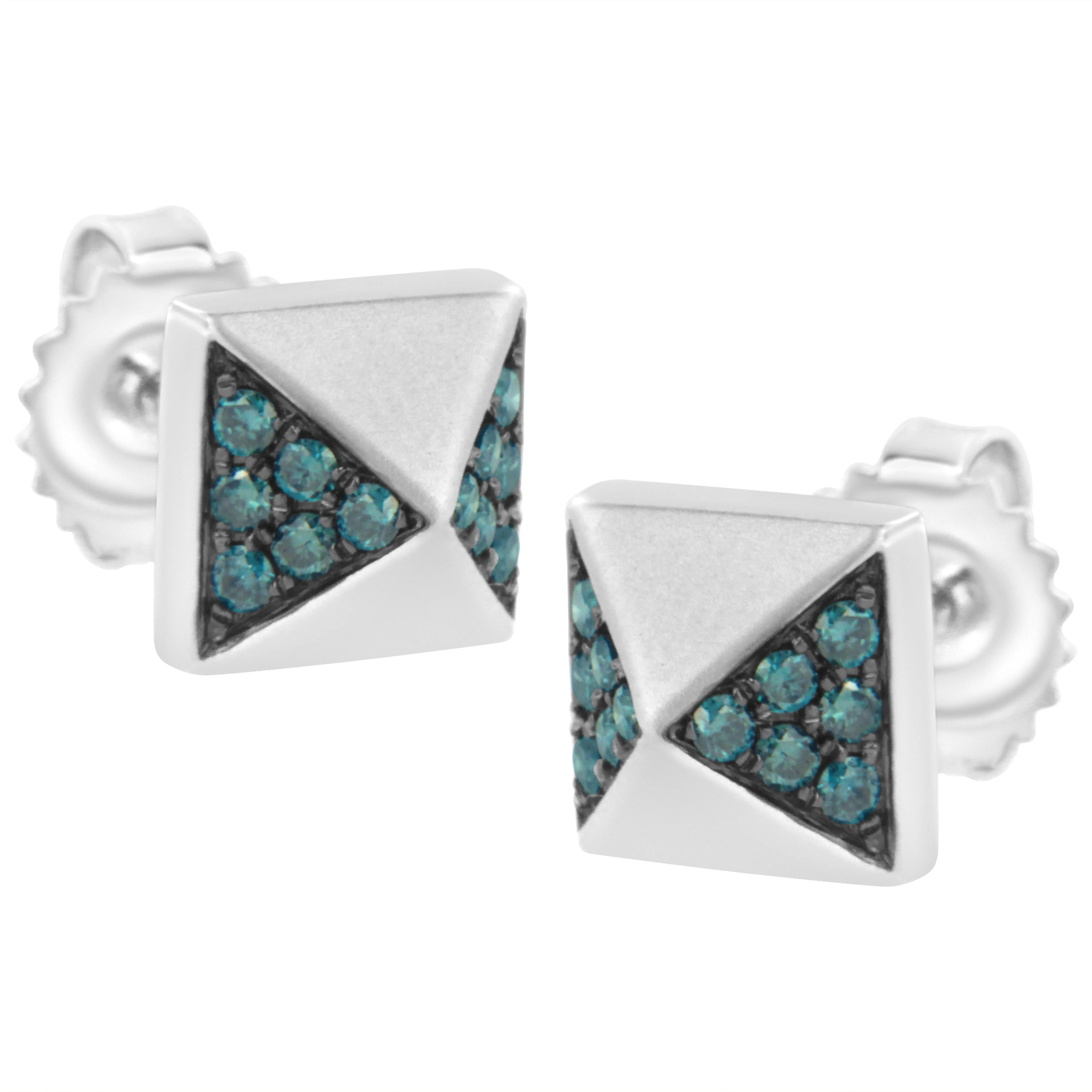 14K White Gold 1/4 Cttw Treated Blue Diamond Pyramid Stud Earring (Blue Color, SI1-SI2 Clarity) - Image 7