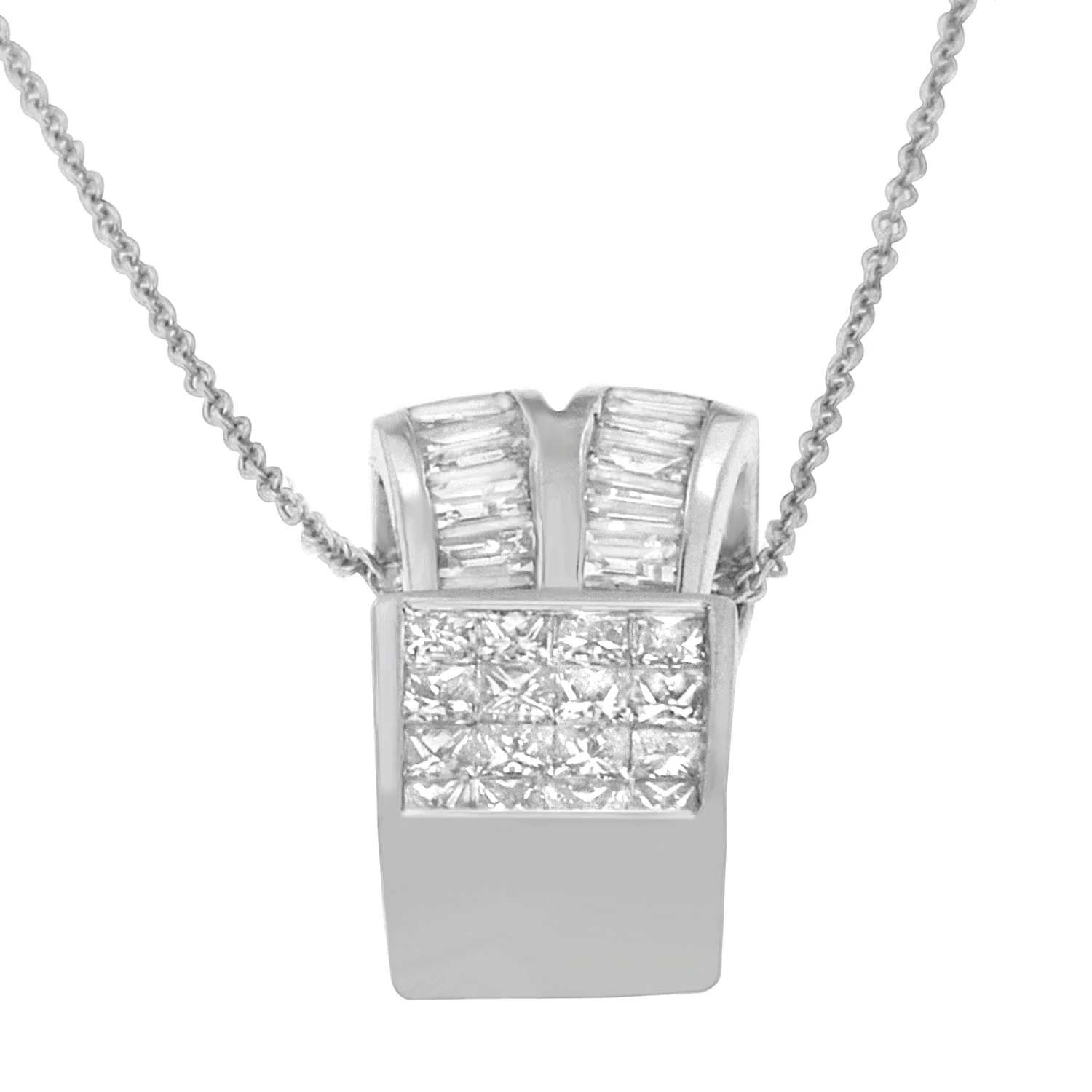 14K White Gold 1 5/8 cttw Princess and Baguette Cut Diamond Heart Ribbon Pendant Necklace (G-H, VS1-VS2) - Image 2