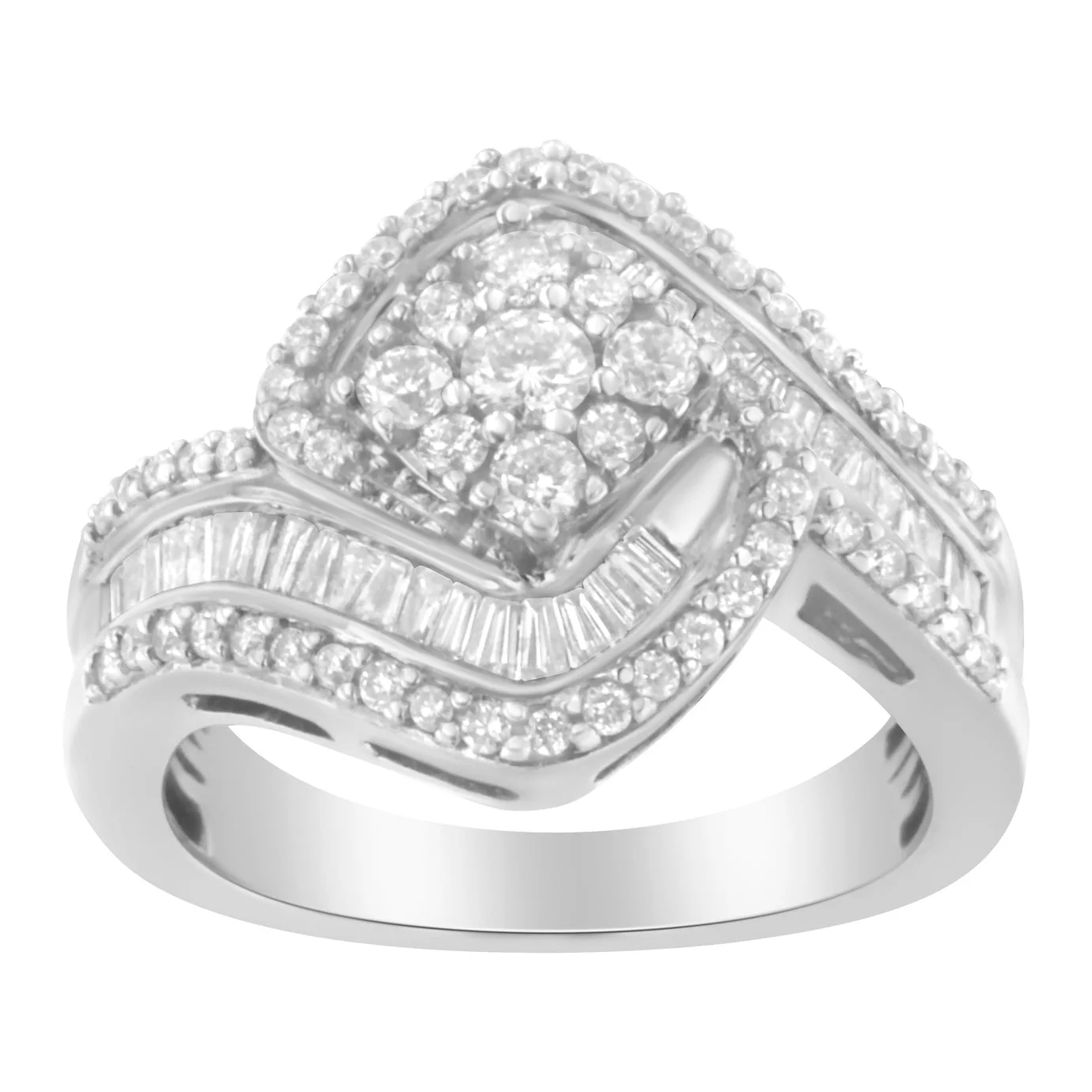 14K White Gold 1 Cttw Baguette and Round Diamond Floral Swirl Cluster Cocktail Ring - Image 2