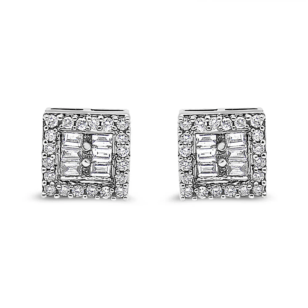 14K White Gold 1 cttw Round and Baguette Diamond Stud Earrings (H-I, SI1-SI2) - Image 6