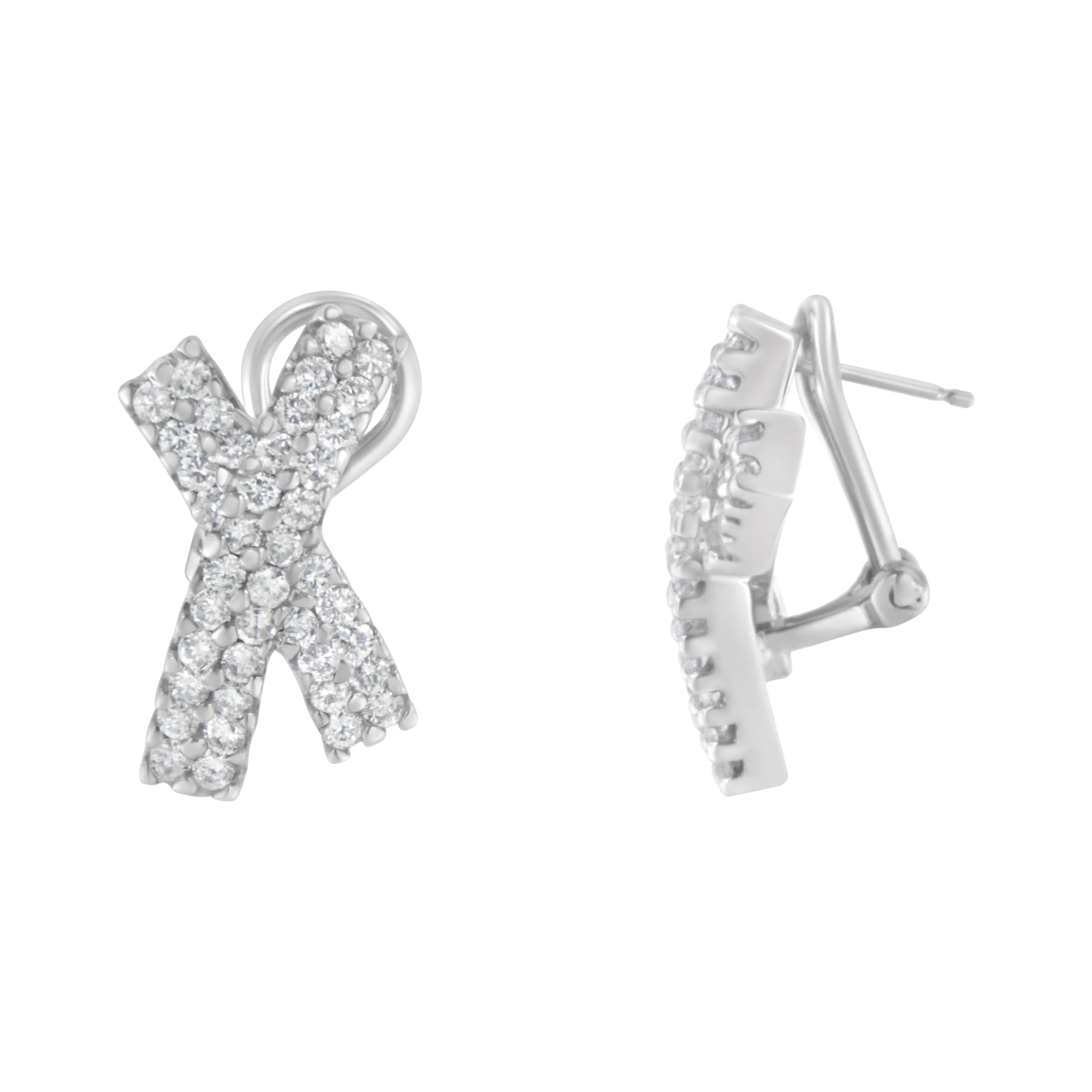 14K White Gold 2.0 Cttw Round-Brilliant Cut Diamond Domed X Shaped Omega Back Stud Earrings (H-I Color, I1-I2 Clarity) - Image 2