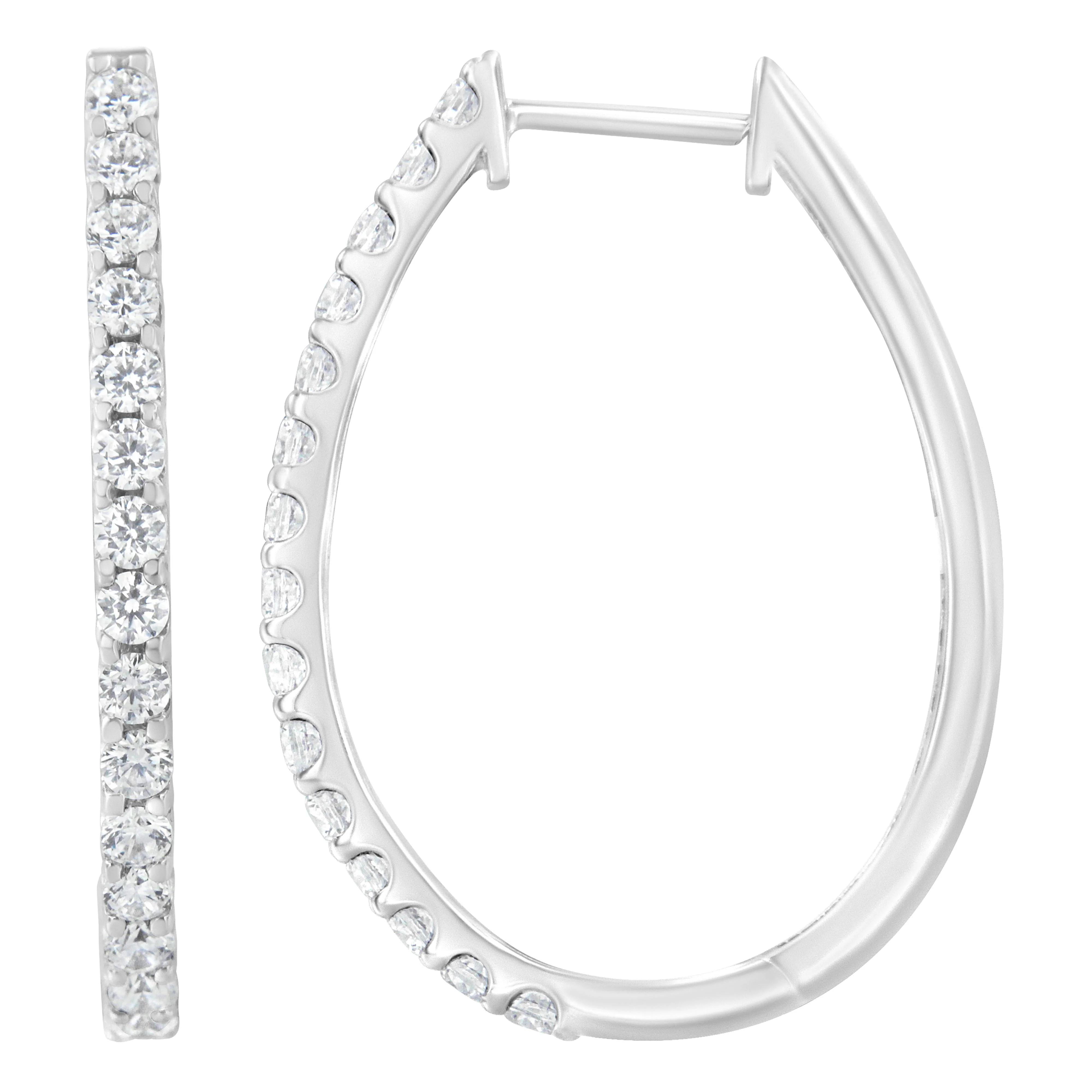 14K White Gold 2.0 Cttw Round Brilliant Cut Diamond Oblong Hinged Leverback Hoop Earrings (I-J Color, I1-I2 Clarity) - Image 2