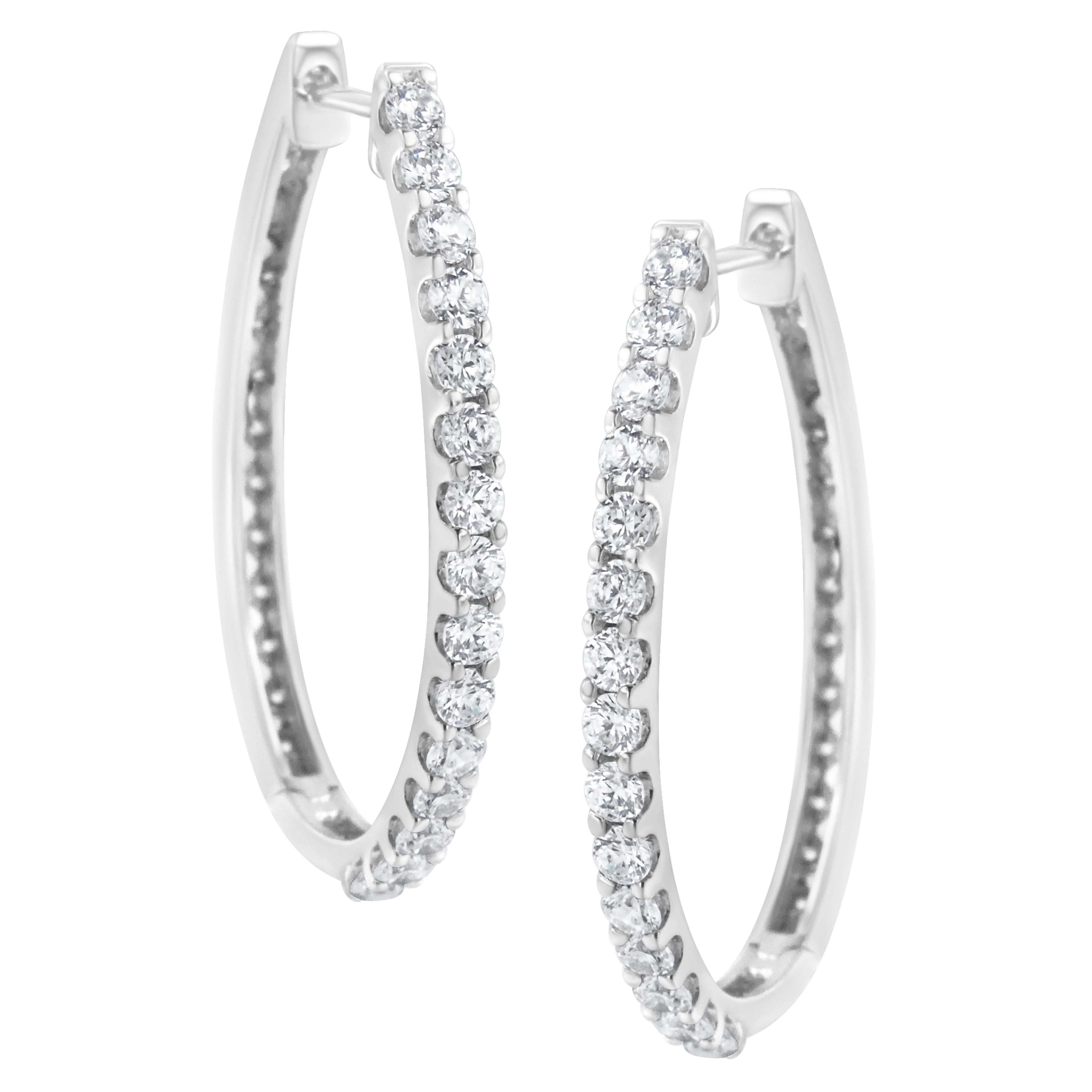 14K White Gold 2.0 Cttw Round Brilliant Cut Diamond Oblong Hinged Leverback Hoop Earrings (I-J Color, I1-I2 Clarity) - Image 3