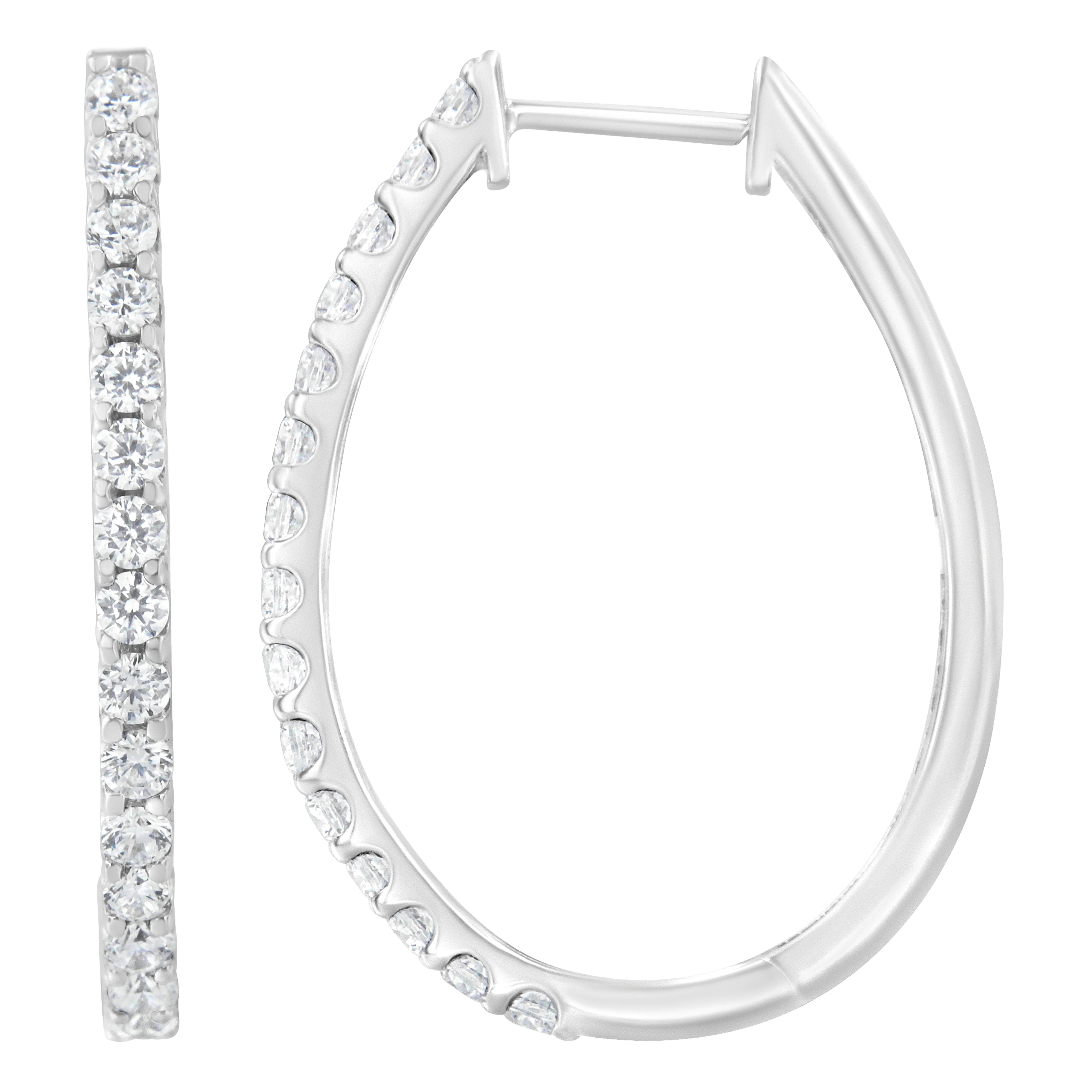 14K White Gold 2.0 Cttw Round Brilliant Cut Diamond Oblong Hinged Leverback Hoop Earrings (I-J Color, I1-I2 Clarity) - Image 5