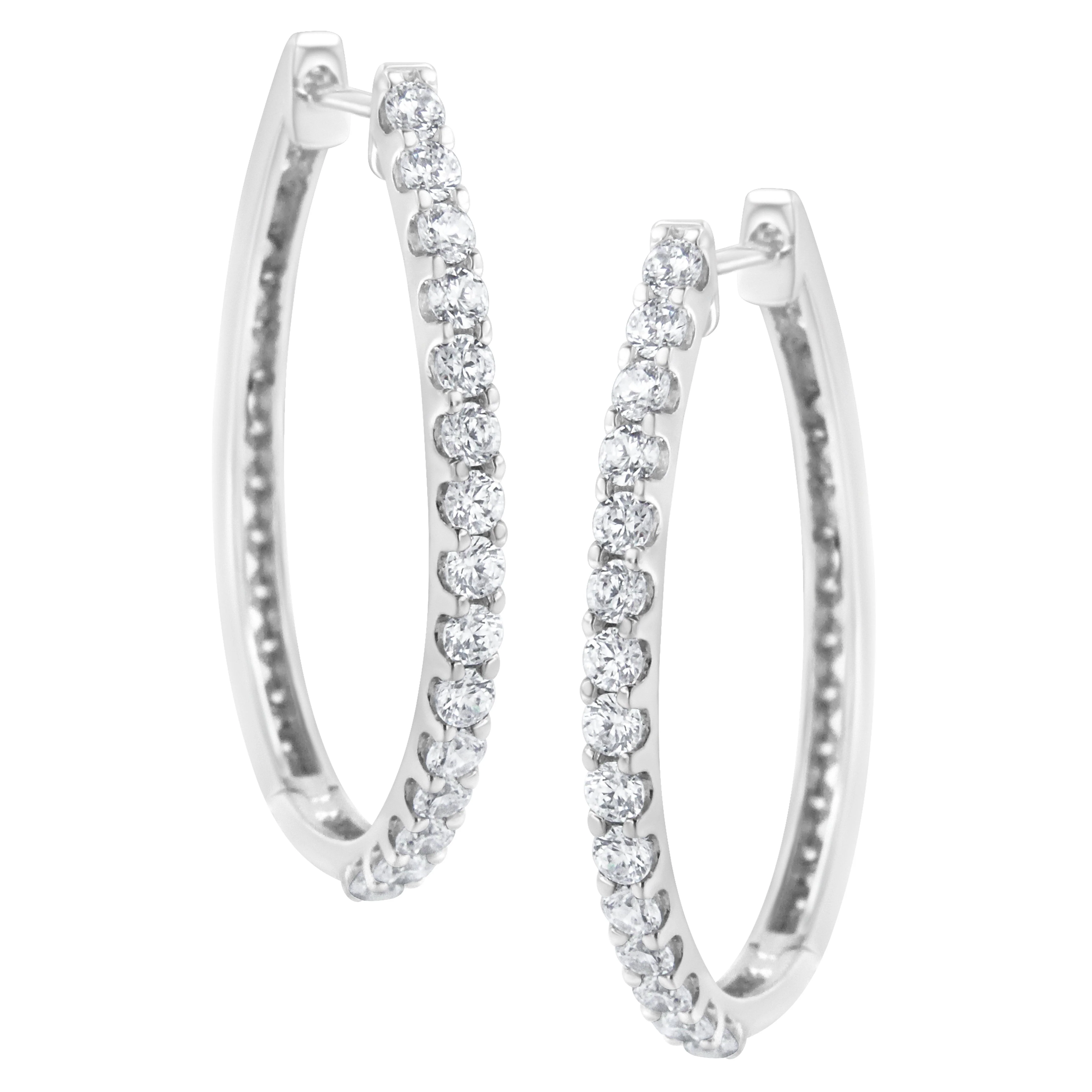 14K White Gold 2.0 Cttw Round Brilliant Cut Diamond Oblong Hinged Leverback Hoop Earrings (I-J Color, I1-I2 Clarity) - Image 6