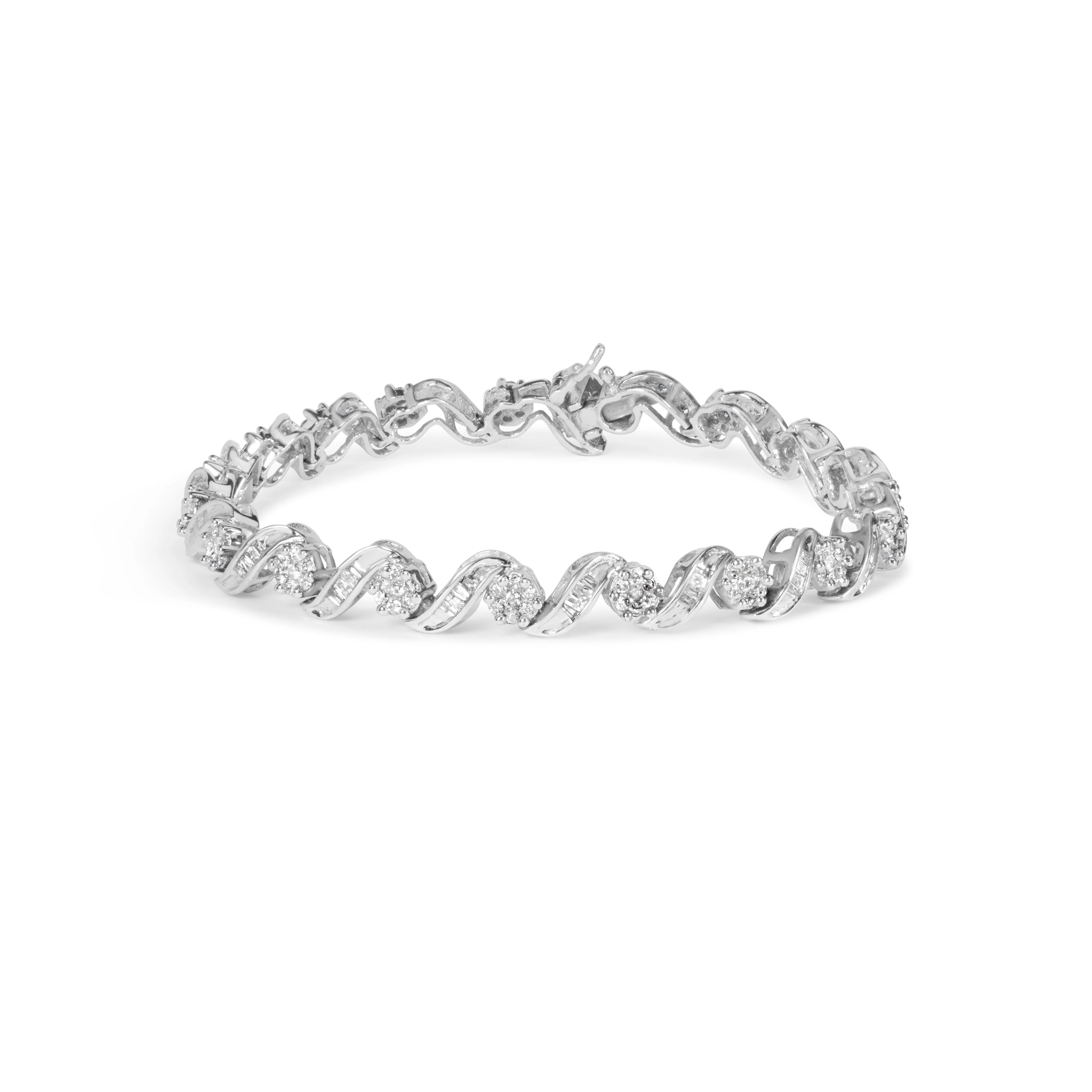 14K White Gold 2.00 Cttw Diamond Cluster and Spiral Link Bracelet (I-J Color, I1-I2 Clarity) - 7" - Image 11