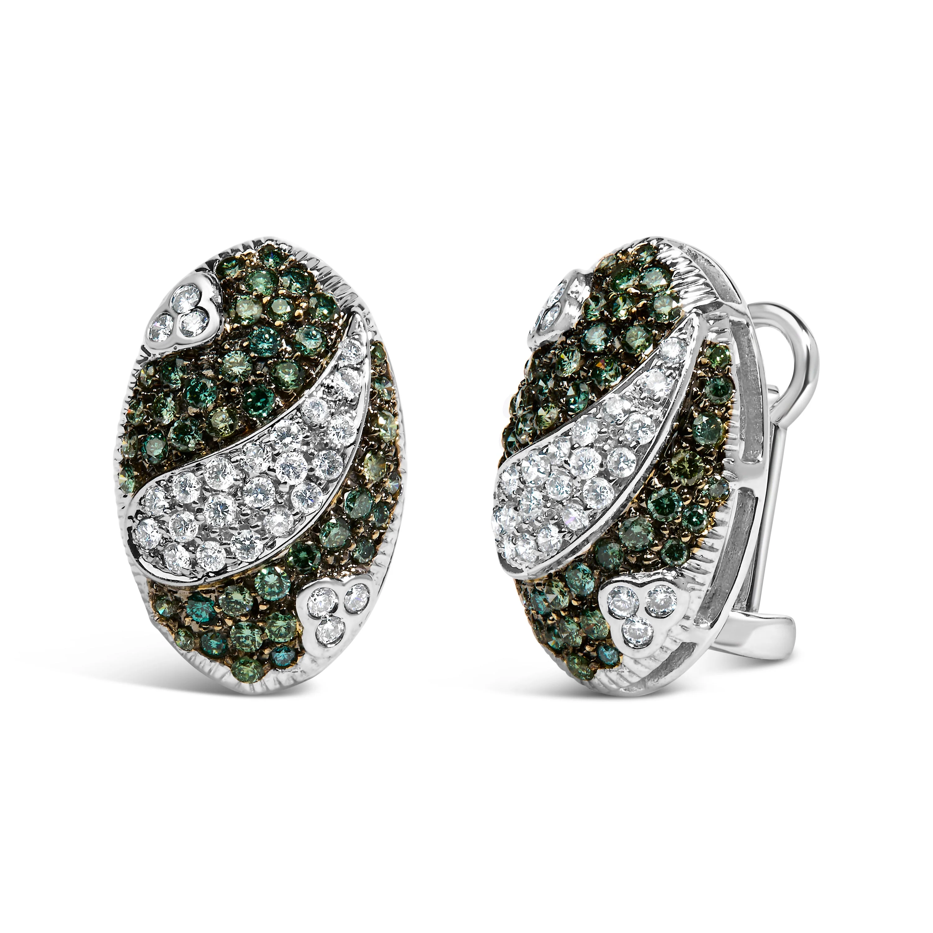 14K White Gold 2.00 Cttw White and Treated Blue Diamond Oval Shield Omega Back Earrings (H-I Color, SI1-SI2 Clarity) - Image 2