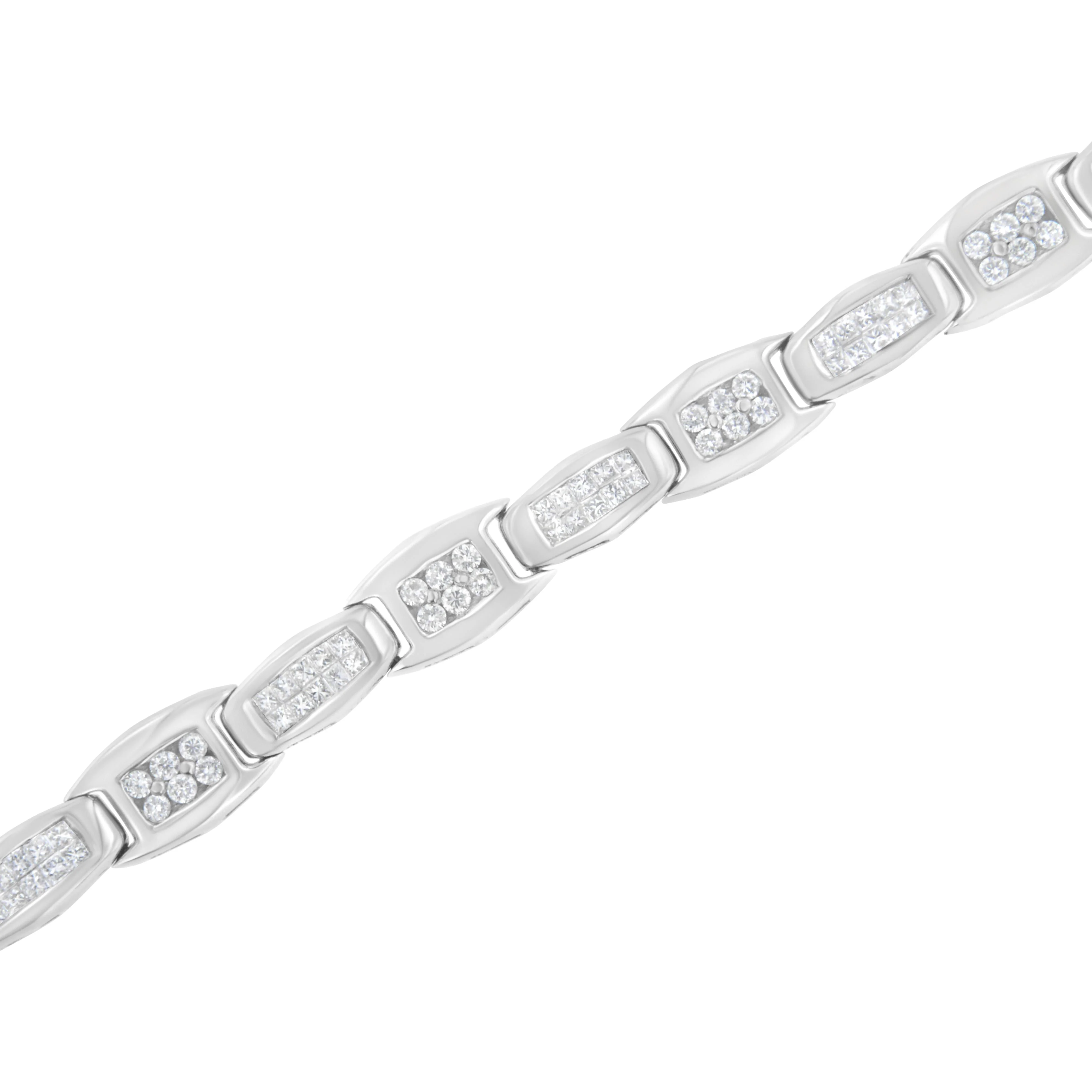 14K White Gold 2-1/2 Cttw Round-Brilliant & Baguette Cut Diamond 7" Alternating Flared Links Tennis Bracelet (H-I Color, SI1-SI2 Clarity) - Image 3