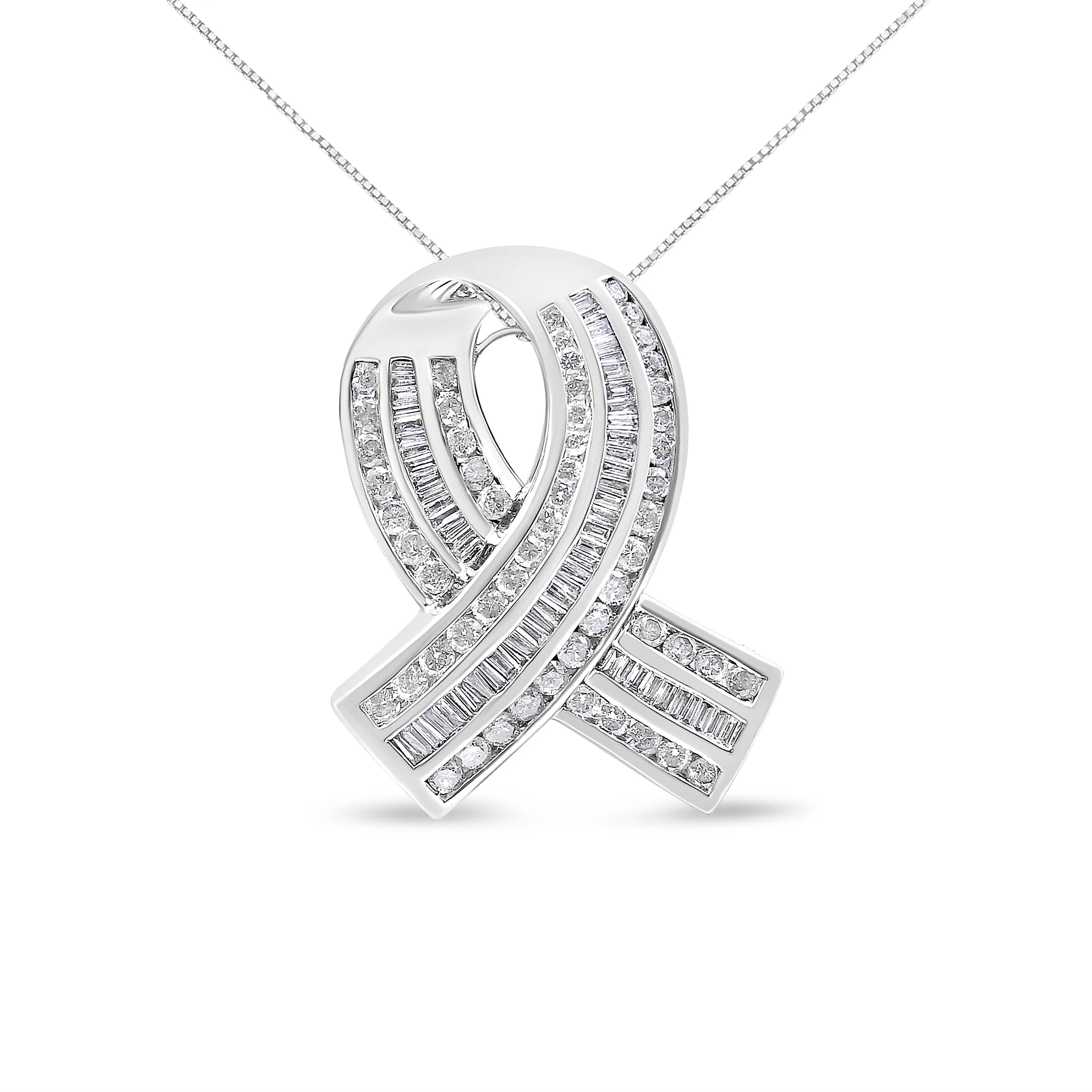14K White Gold 2 5/8 Cttw Channel Set Round and Baguette Diamond Awareness Ribbon Pendant (H-I Color, I1-I2 Clarity) - Chain Not Included - Image 4