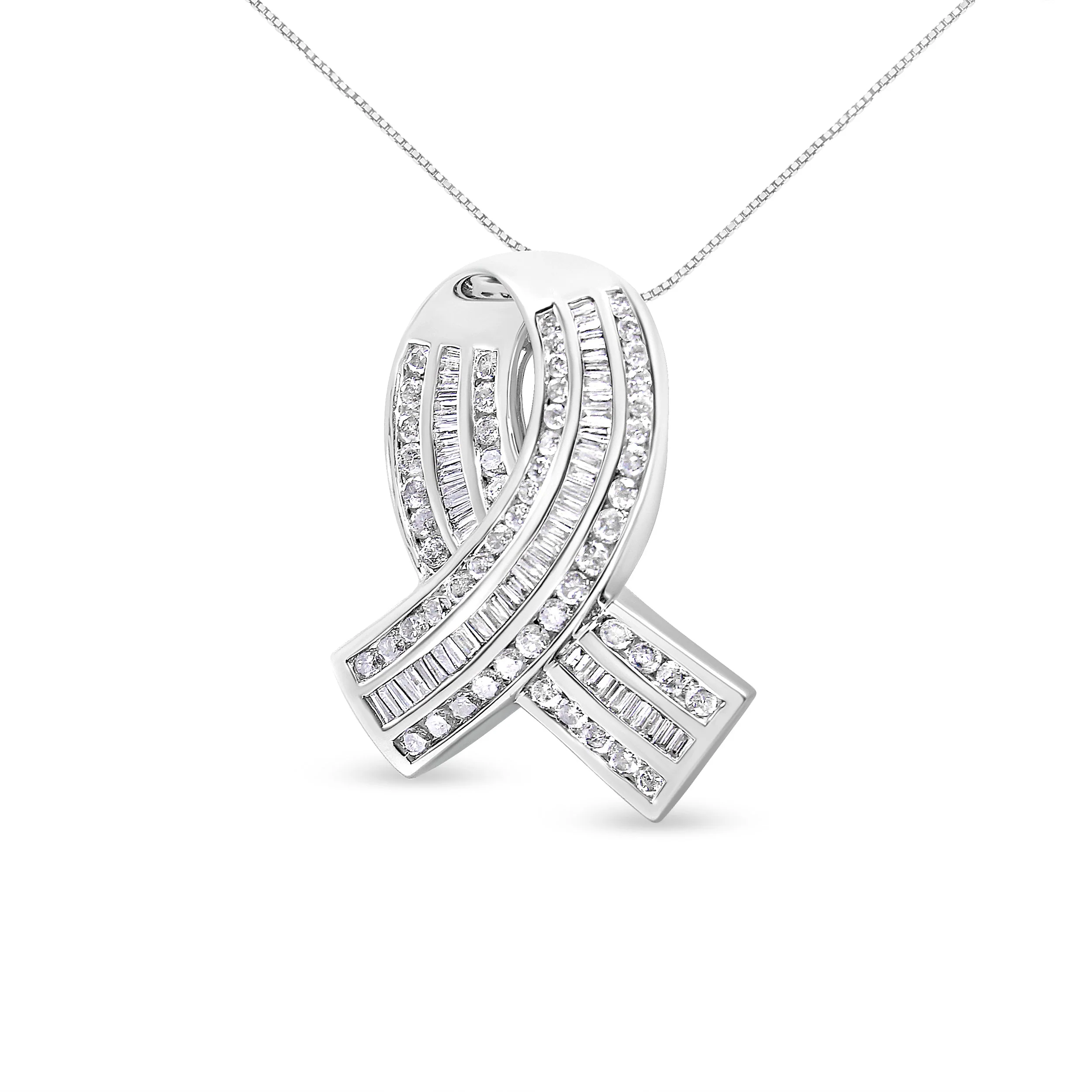 14K White Gold 2 5/8 Cttw Channel Set Round and Baguette Diamond Awareness Ribbon Pendant (H-I Color, I1-I2 Clarity) - Chain Not Included - Image 5