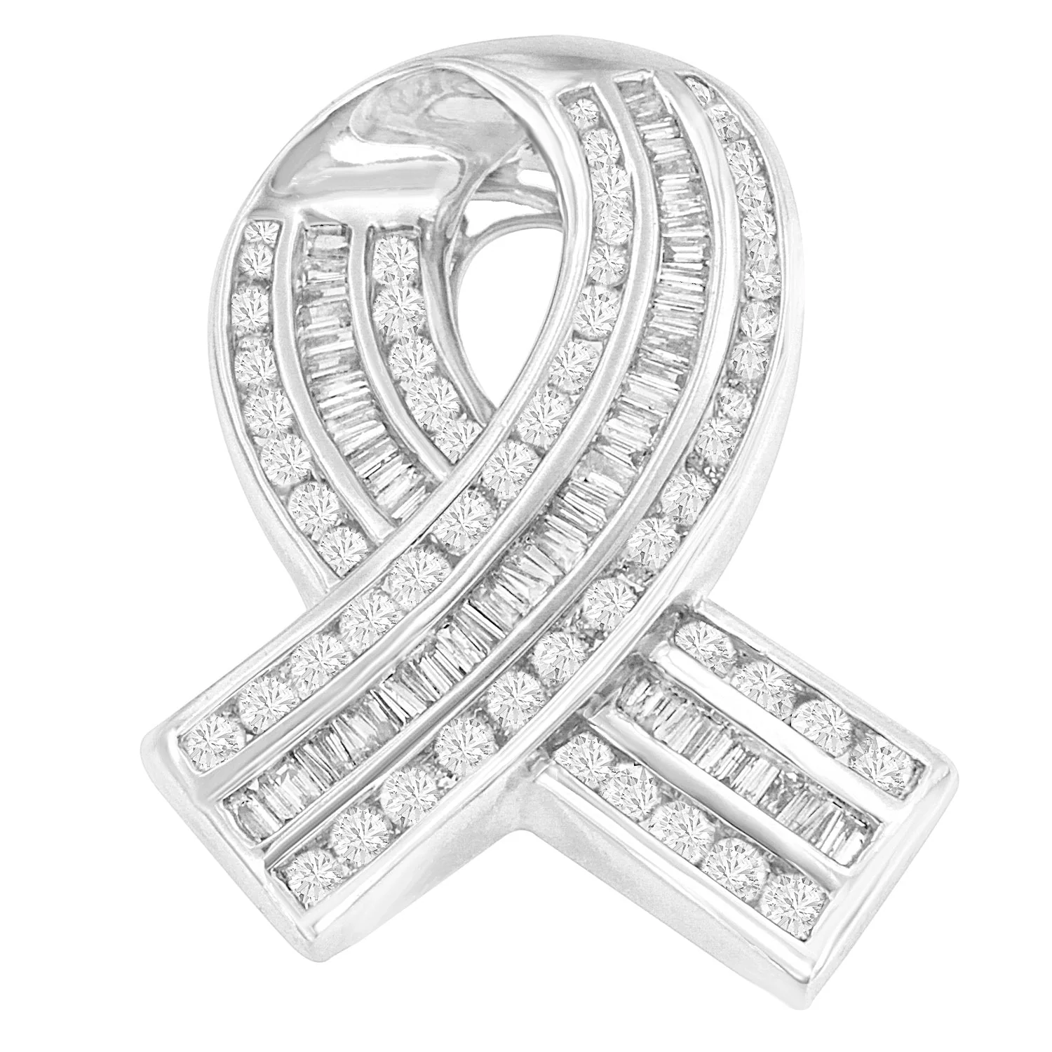 14K White Gold 2 5/8 Cttw Channel Set Round and Baguette Diamond Awareness Ribbon Pendant (H-I Color, I1-I2 Clarity) - Chain Not Included - Image 6