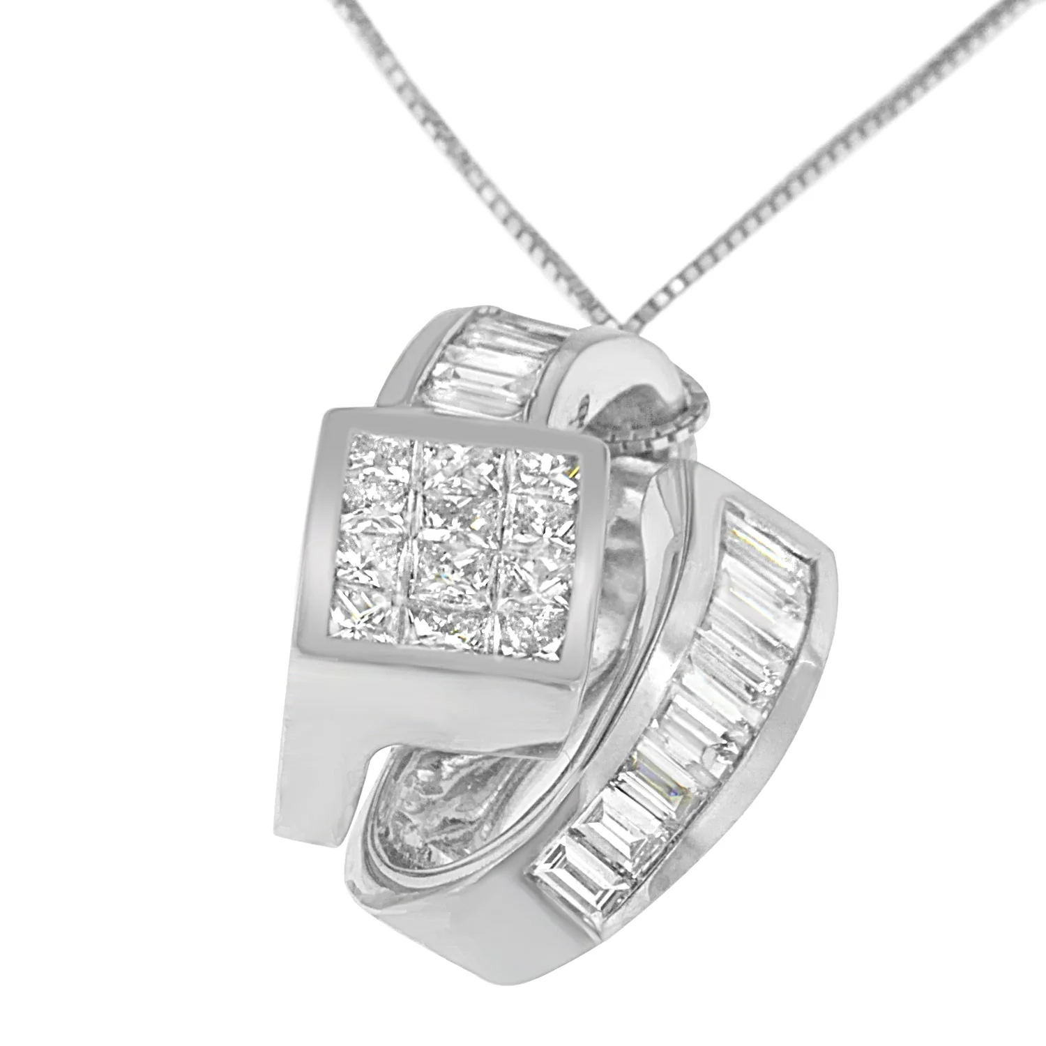 14K White Gold 2 cttw Princess and Baguette Cut Diamond Double Loop Pendant Necklace (G-H, VS1-VS2) - Image 3