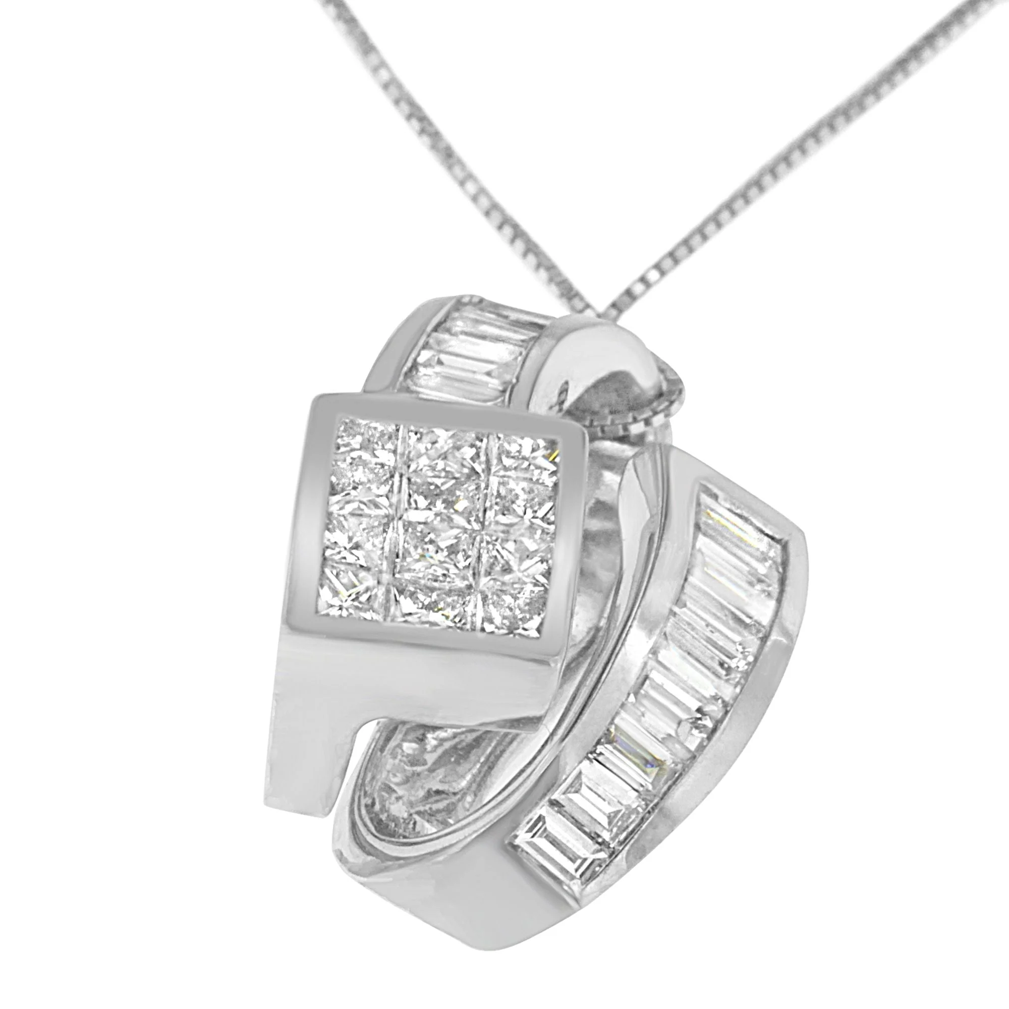 14K White Gold 2 cttw Princess and Baguette Cut Diamond Double Loop Pendant Necklace (G-H, VS1-VS2) - Image 9
