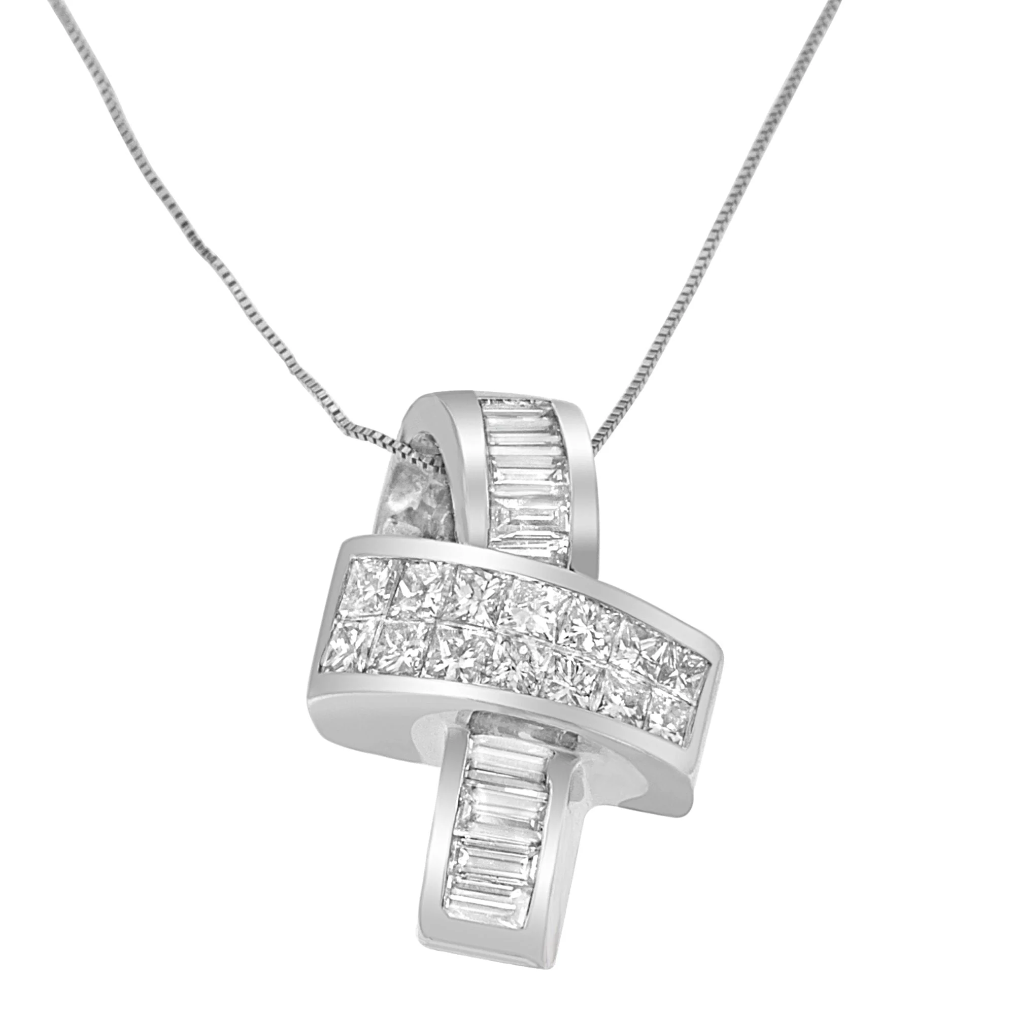 14K White Gold 2 cttw Princess and Baguette Cut Diamond Ribbon Pendant Necklace (H-I, SI-SI2) - Image 7