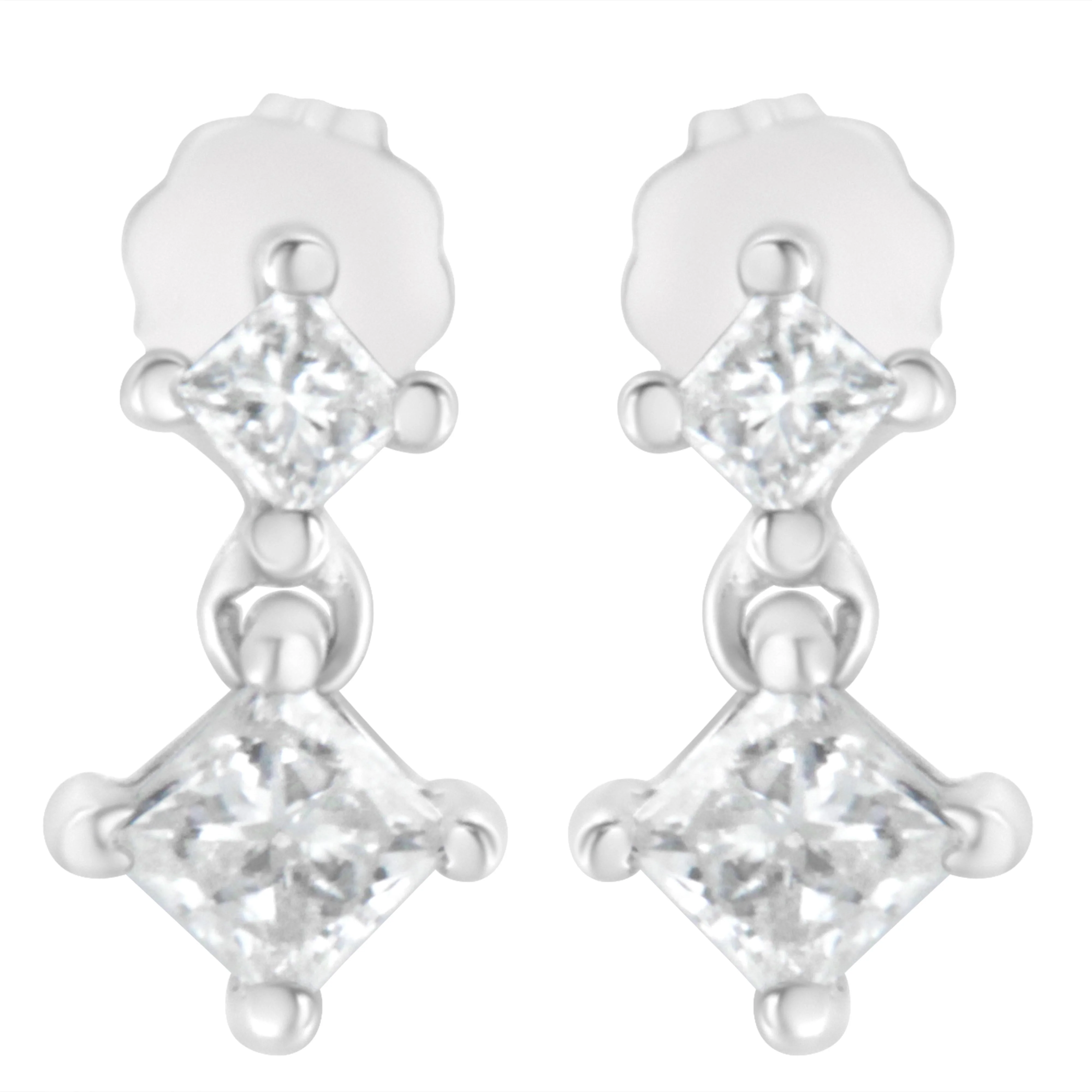 14K White Gold 3/4 cttw Double Diamond Princess-Cut Stud Earrings (I-J Clarity, I2-I3 Color) - Image 2