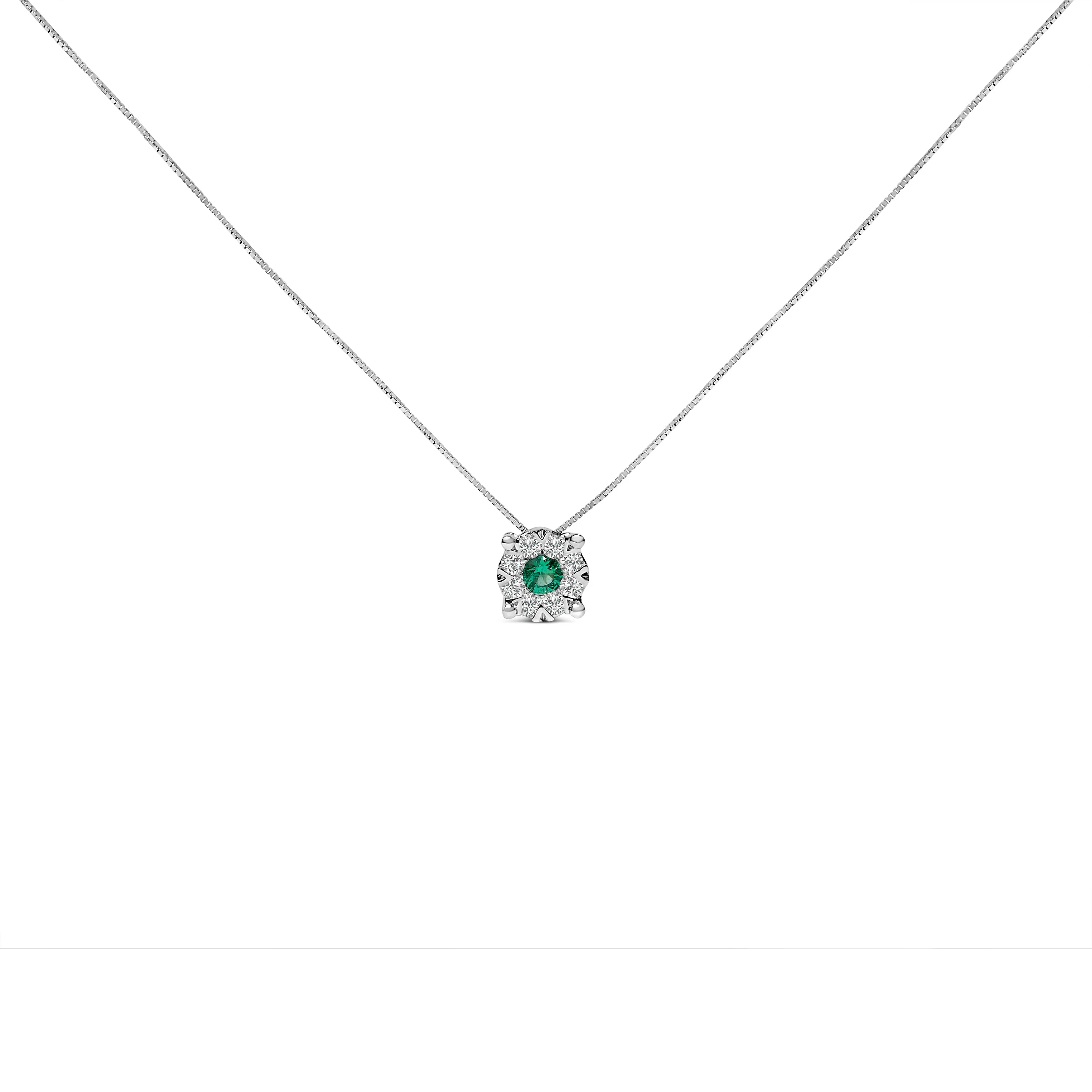 14K White Gold 3.8 MM Green Emerald and 1/3 Cttw Diamond Composite Halo 18" Pendant Necklace (F-G Color, VS2-SI1 Clarity) - Image 2
