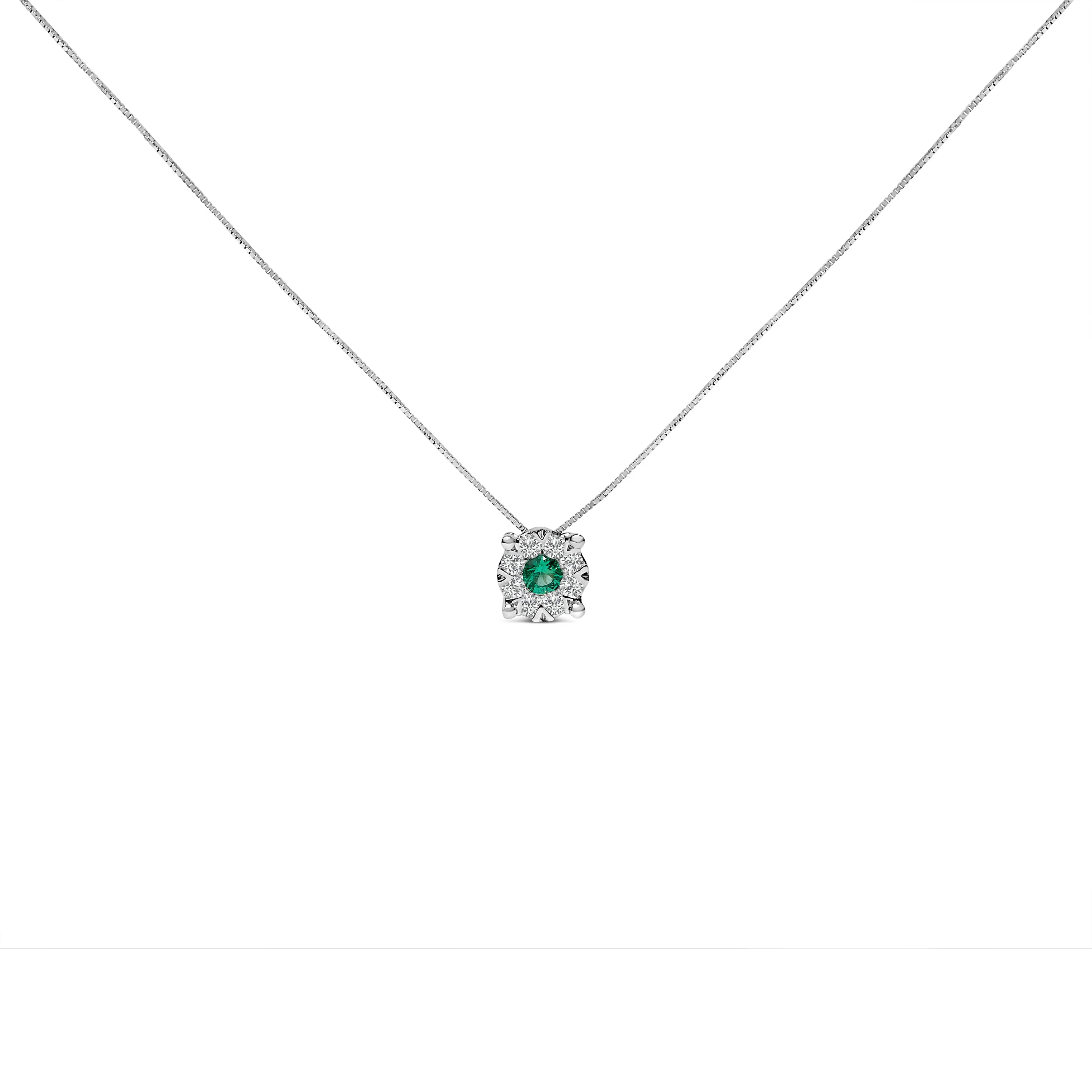 14K White Gold 3.8 MM Green Emerald and 1/3 Cttw Diamond Composite Halo 18" Pendant Necklace (F-G Color, VS2-SI1 Clarity) - Image 5