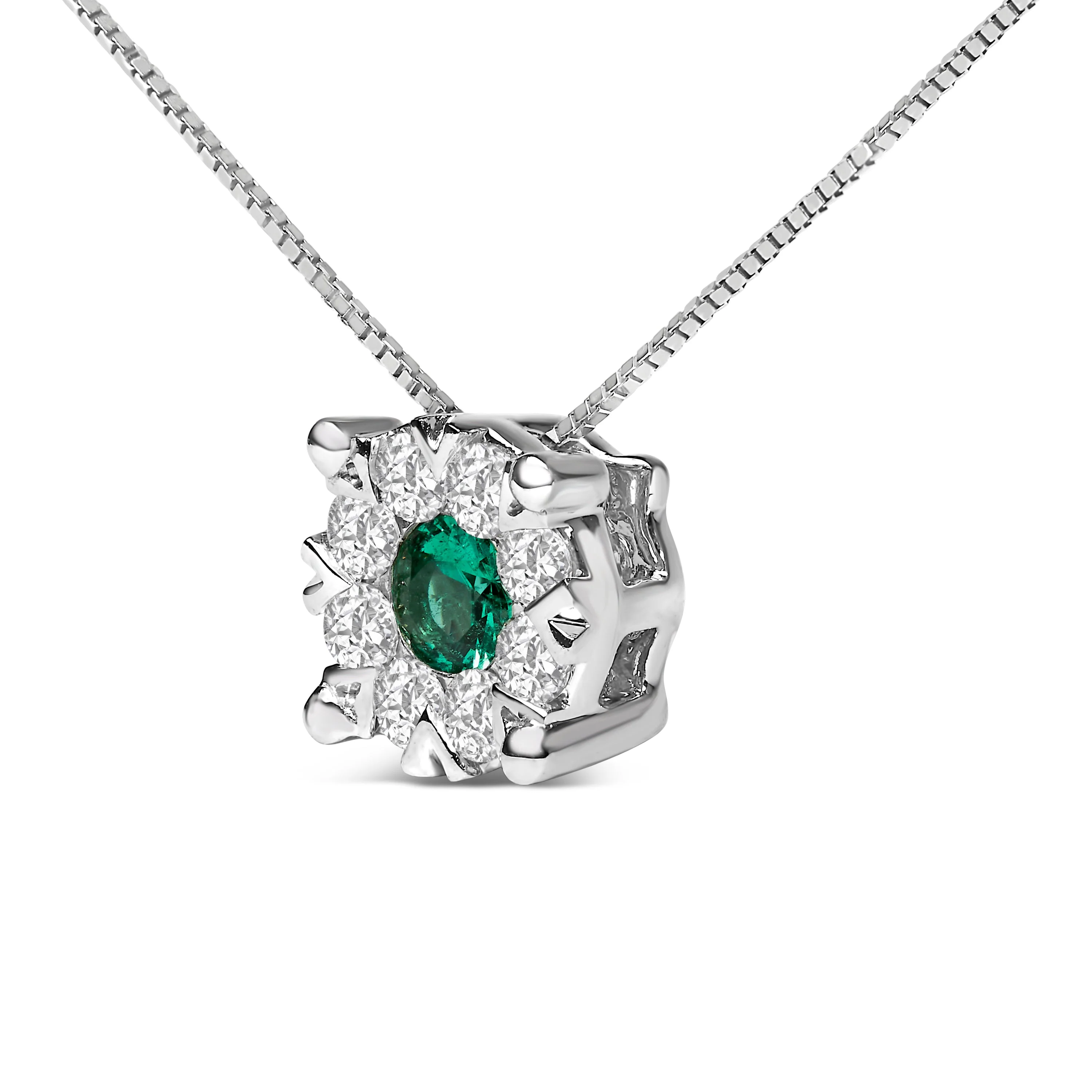 14K White Gold 3.8 MM Green Emerald and 1/3 Cttw Diamond Composite Halo 18" Pendant Necklace (F-G Color, VS2-SI1 Clarity) - Image 6