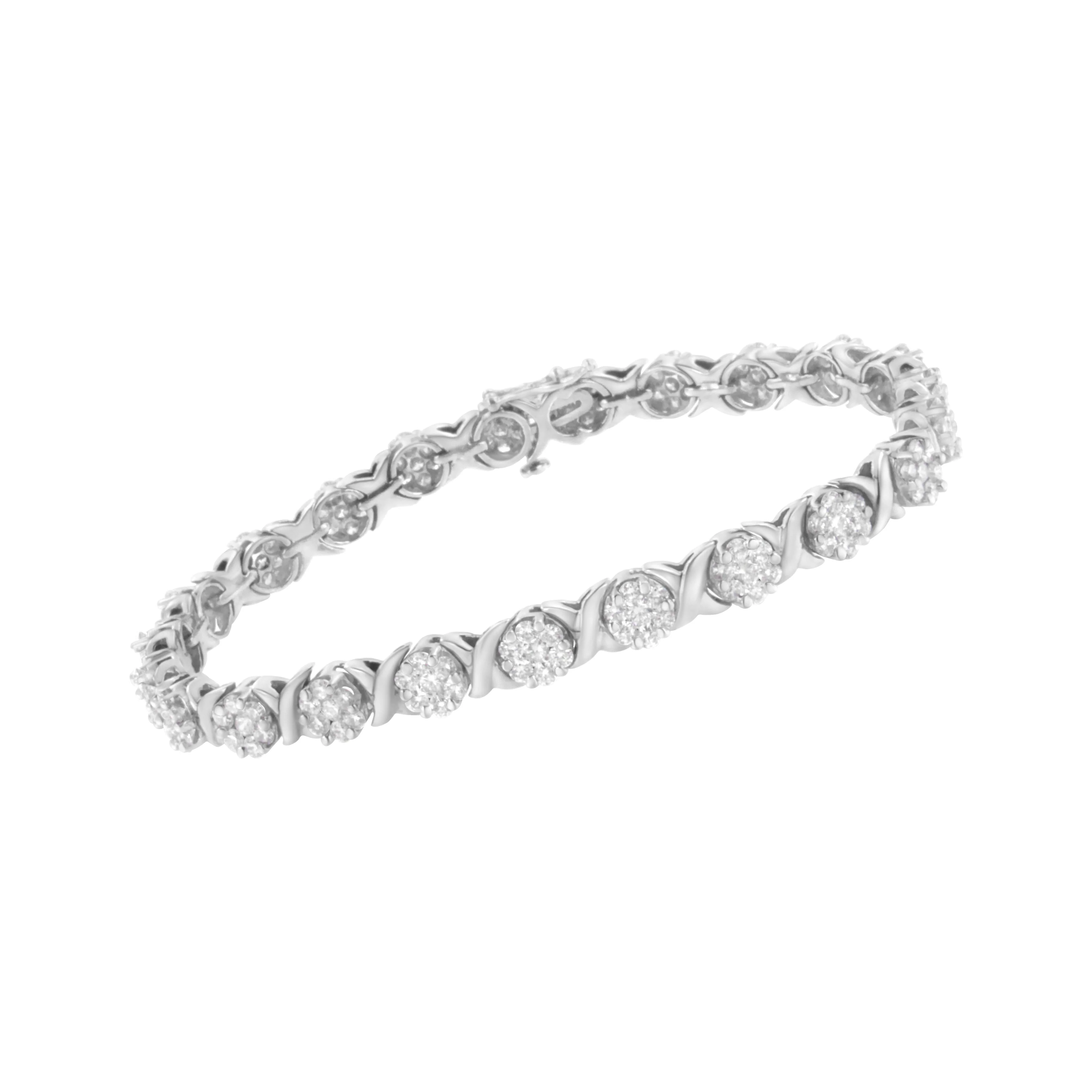 14K White Gold 4 7/8 Cttw Round Brilliant-Cut Diamond Round Cluster & X-Link 7" Tennis Bracelet (I-J Color, SI2-I1 Clarity) - Image 3
