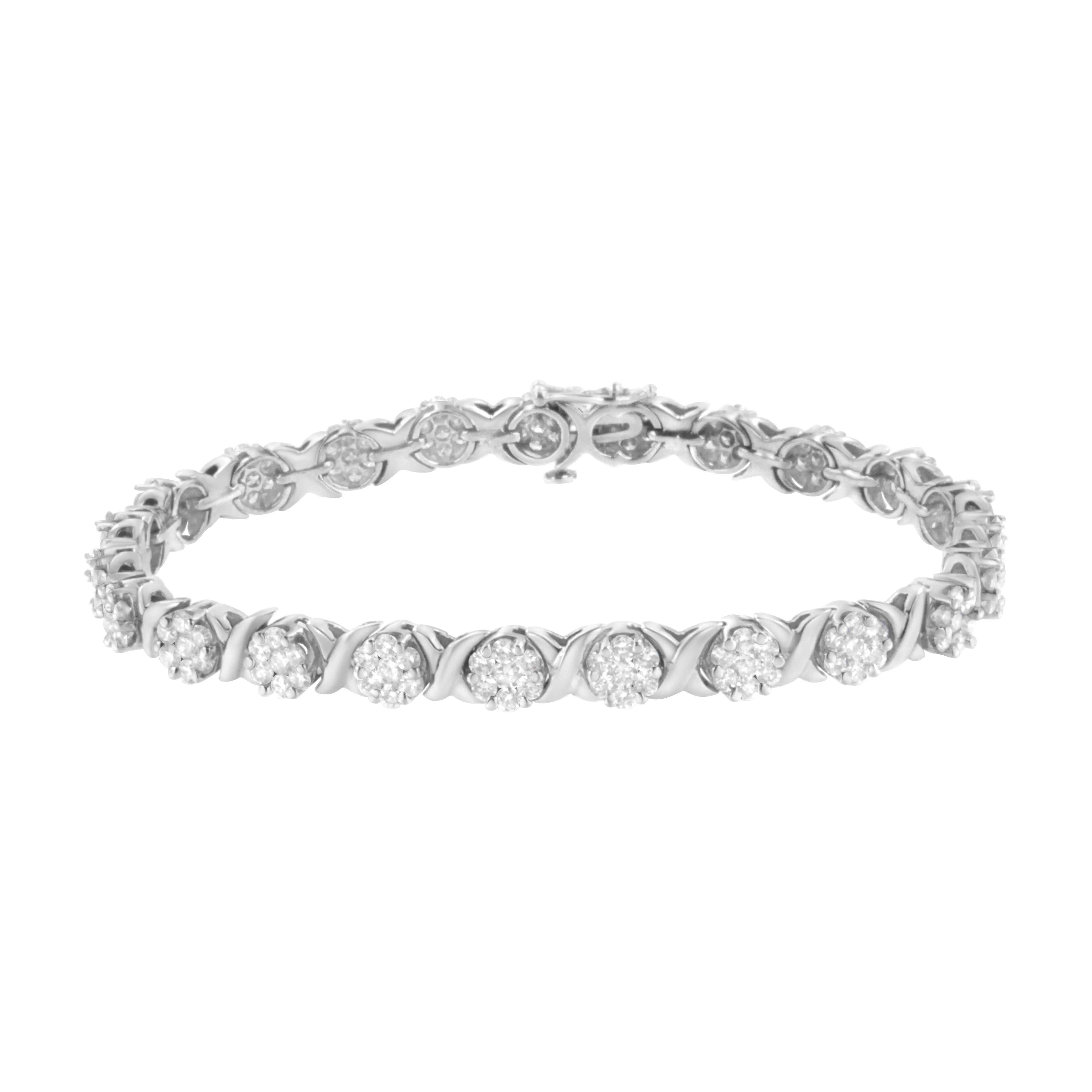 14K White Gold 4 7/8 Cttw Round Brilliant-Cut Diamond Round Cluster & X-Link 7" Tennis Bracelet (I-J Color, SI2-I1 Clarity) - Image 5