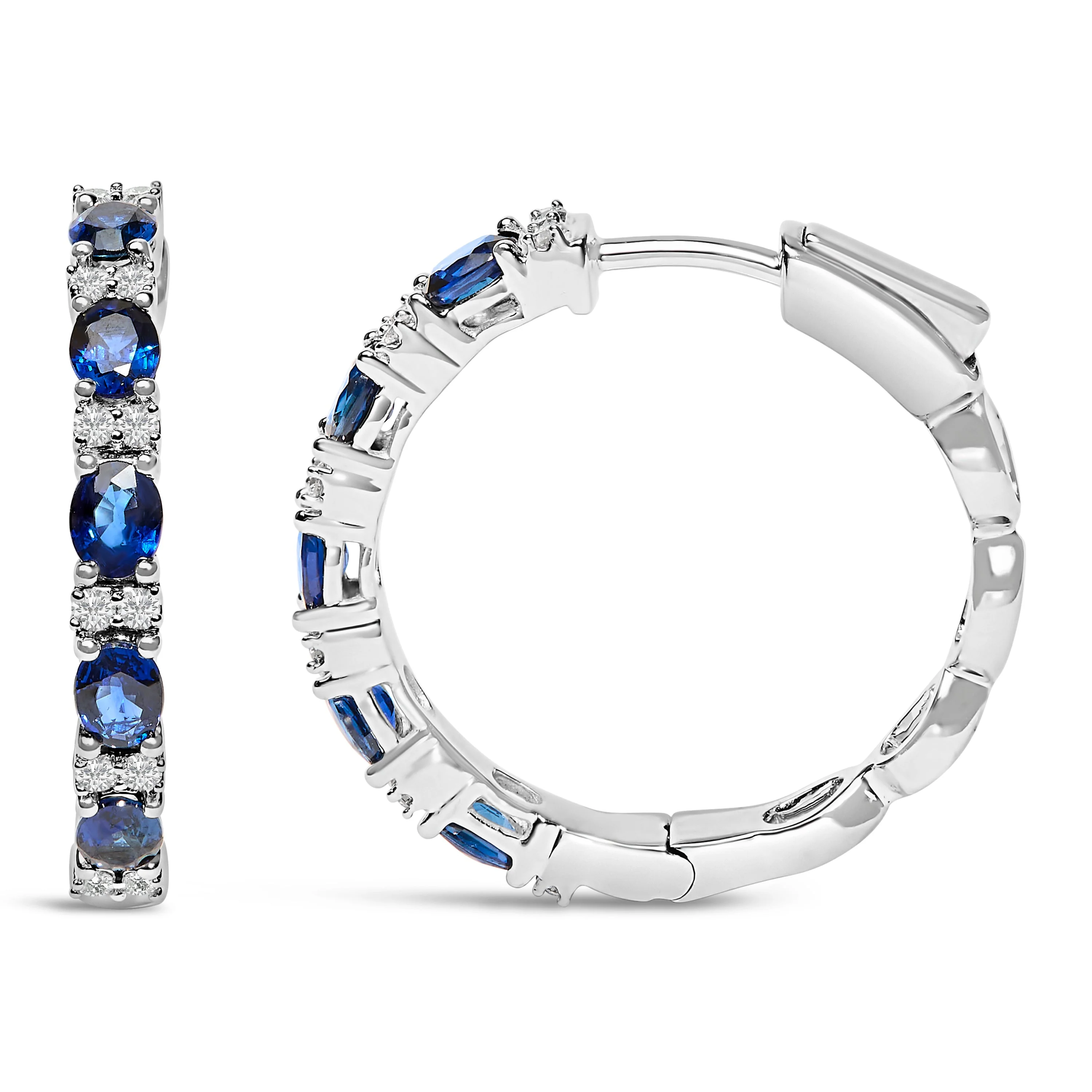 14K White Gold 4x3mm Oval Blue Sapphire and 1/4 Cttw Diamond Alternating Hoop Earring (I-J Color, SI2-I1 Clarity) - Image 3