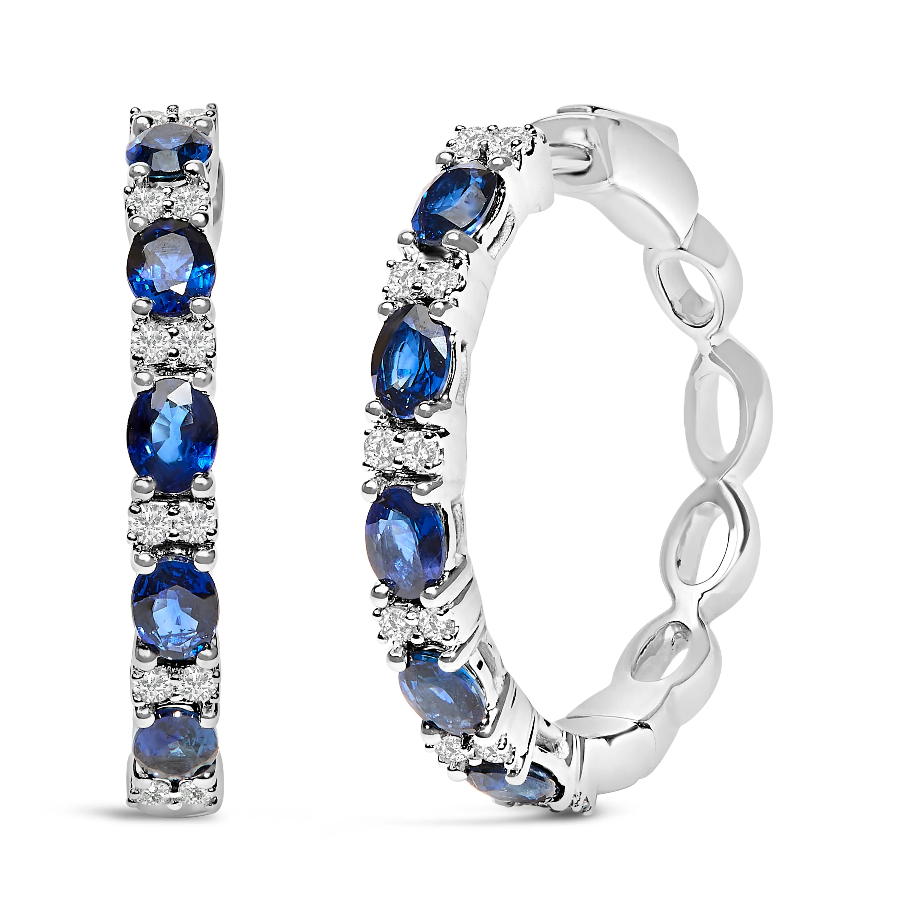 14K White Gold 4x3mm Oval Blue Sapphire and 1/4 Cttw Diamond Alternating Hoop Earring (I-J Color, SI2-I1 Clarity) - Image 4
