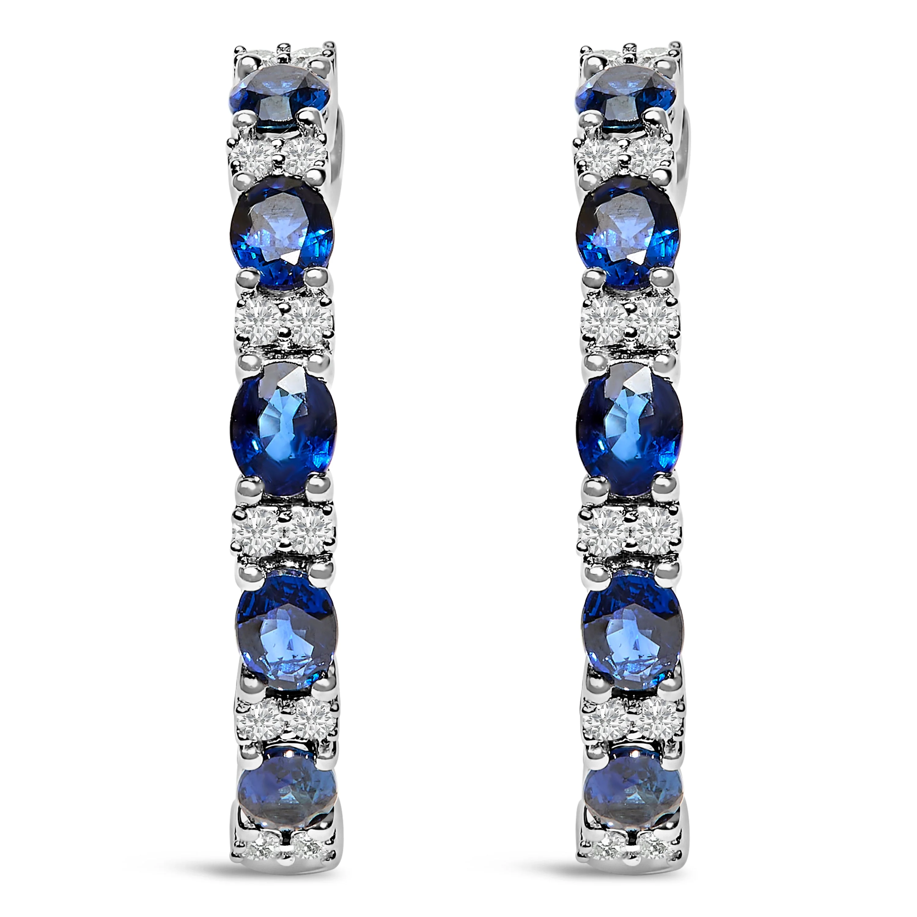 14K White Gold 4x3mm Oval Blue Sapphire and 1/4 Cttw Diamond Alternating Hoop Earring (I-J Color, SI2-I1 Clarity) - Image 5