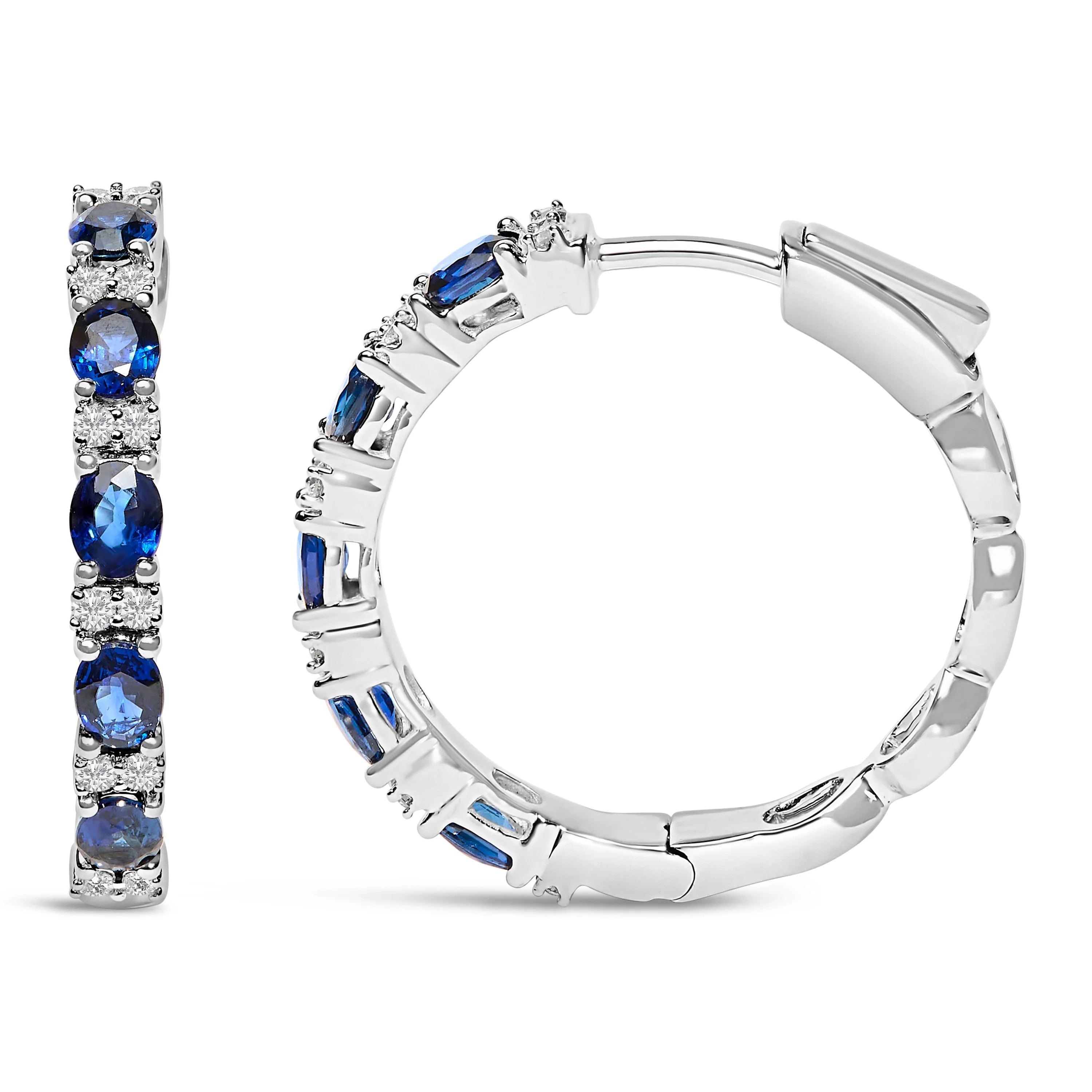 14K White Gold 4x3mm Oval Blue Sapphire and 1/4 Cttw Diamond Alternating Hoop Earring (I-J Color, SI2-I1 Clarity) - Image 6