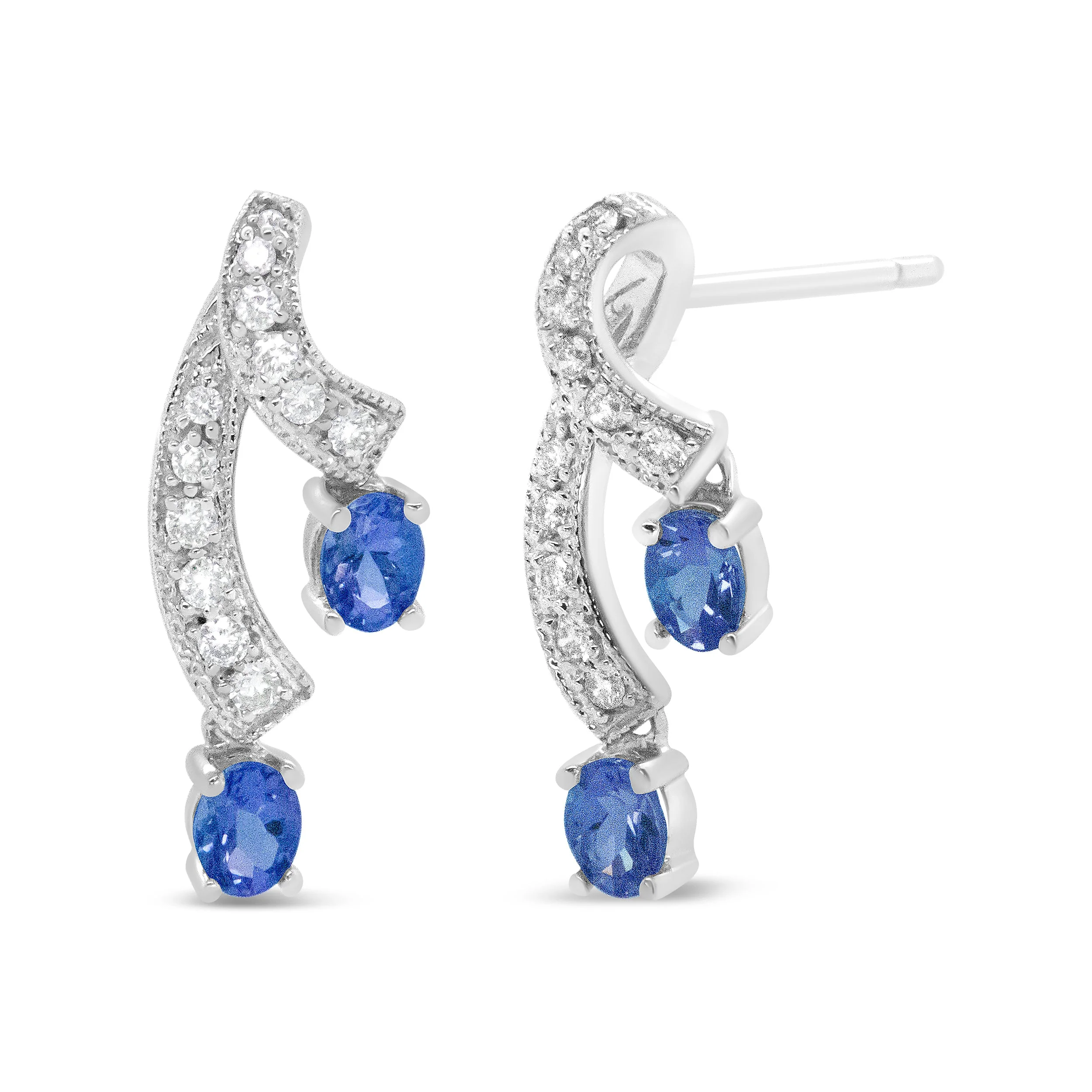 14K White Gold 4x3MM Oval Shaped Natural Blue Tanzanite Gemstone and 1/5 Cttw Diamond Double 3/4" Inch Drop Stud Earrings (H-I Color, VS1-VS2 Clarity) - Image 2