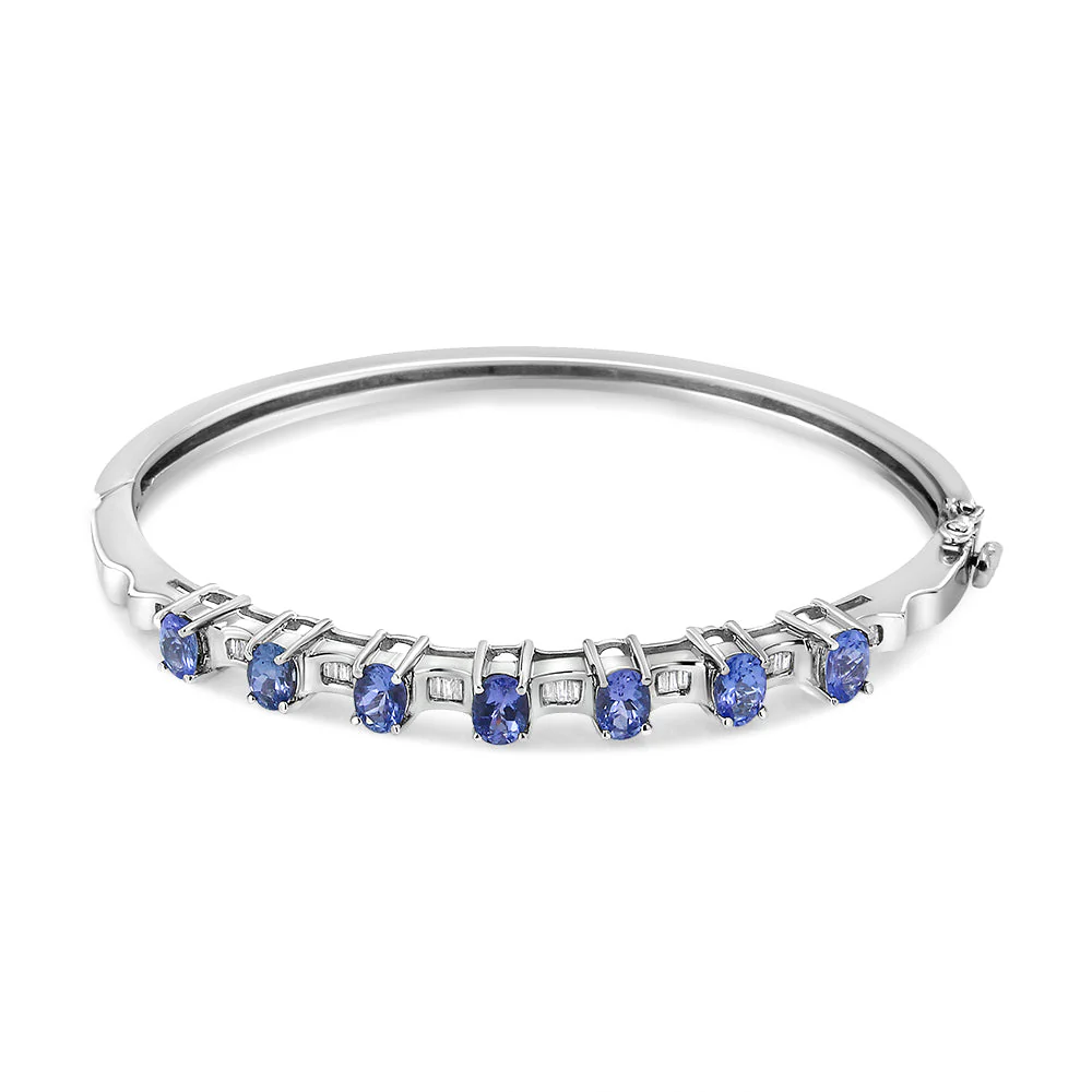 14K White Gold 5 MM Oval Blue Tanzanite and 1/4 Cttw Diamond Bangle (H-I Color, VS2-SI1 Clarity) - Fits wrists up to 7 1/2 Inches - Image 5